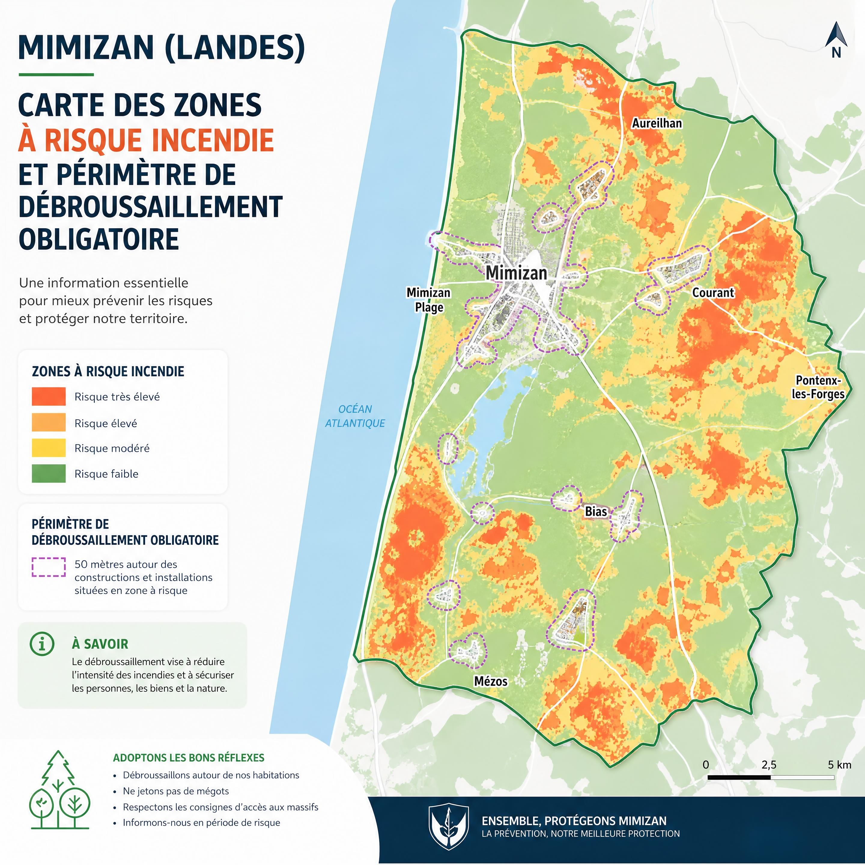 Carte des zones a risque incendie et perimetre de debroussaillement obligatoire a Mimizan Landes