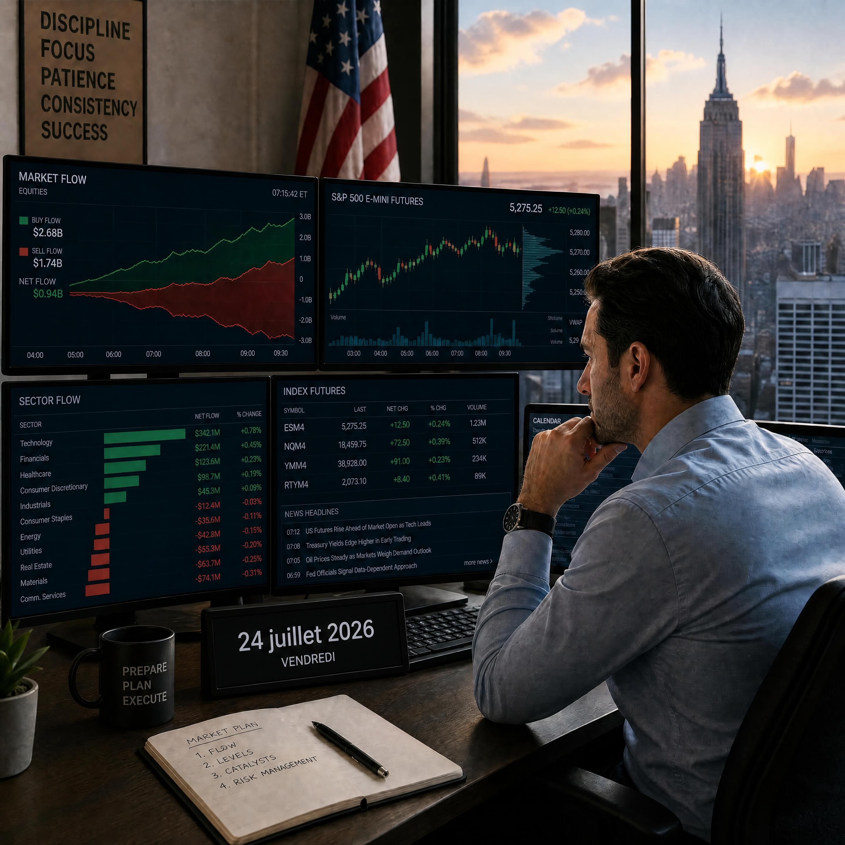 Trader professionnel analysant des graphiques de flux sur plusieurs écrans avant l'ouverture des marchés américains