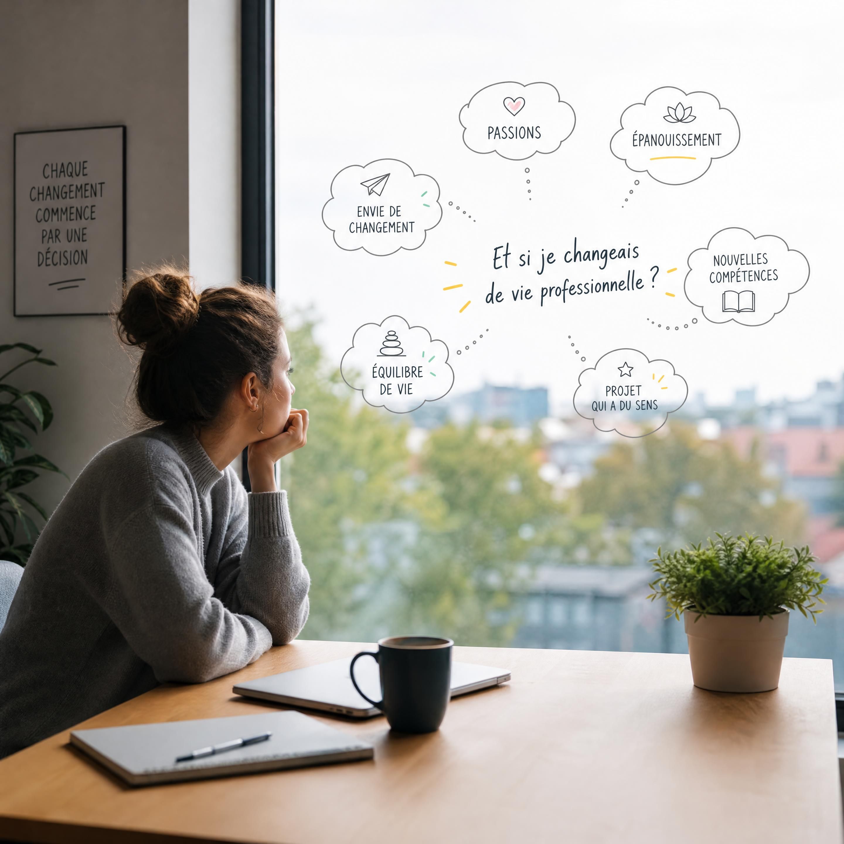 Une personne pensive devant une fenêtre, réfléchissant à son avenir professionnel et sa reconversion