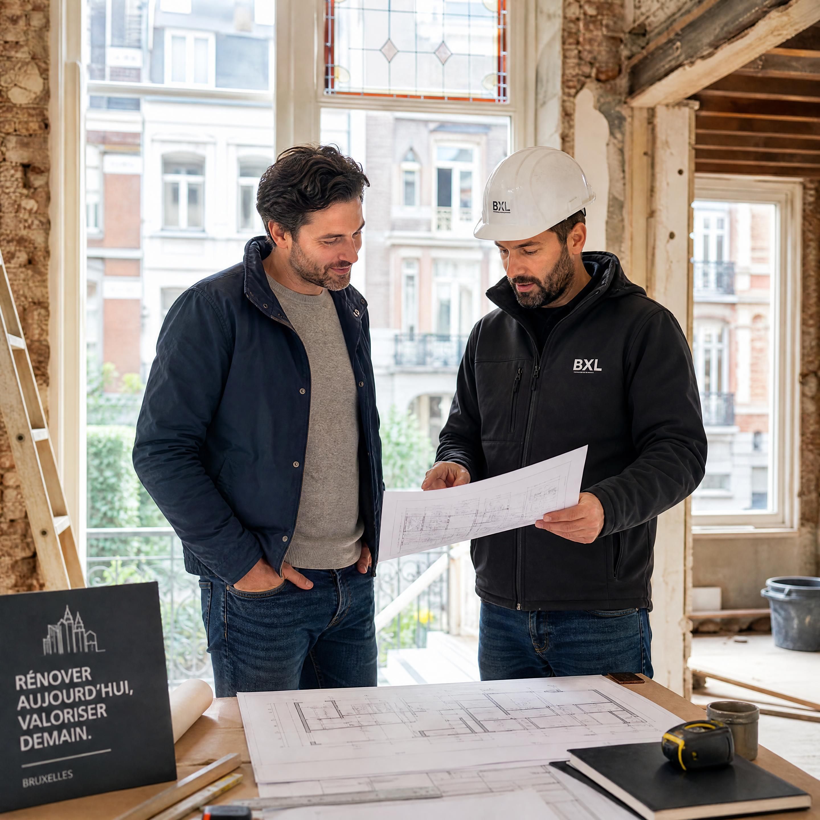 Un propriétaire belge serein discutant de plans de rénovation avec un expert sur un chantier de maison bruxelloise