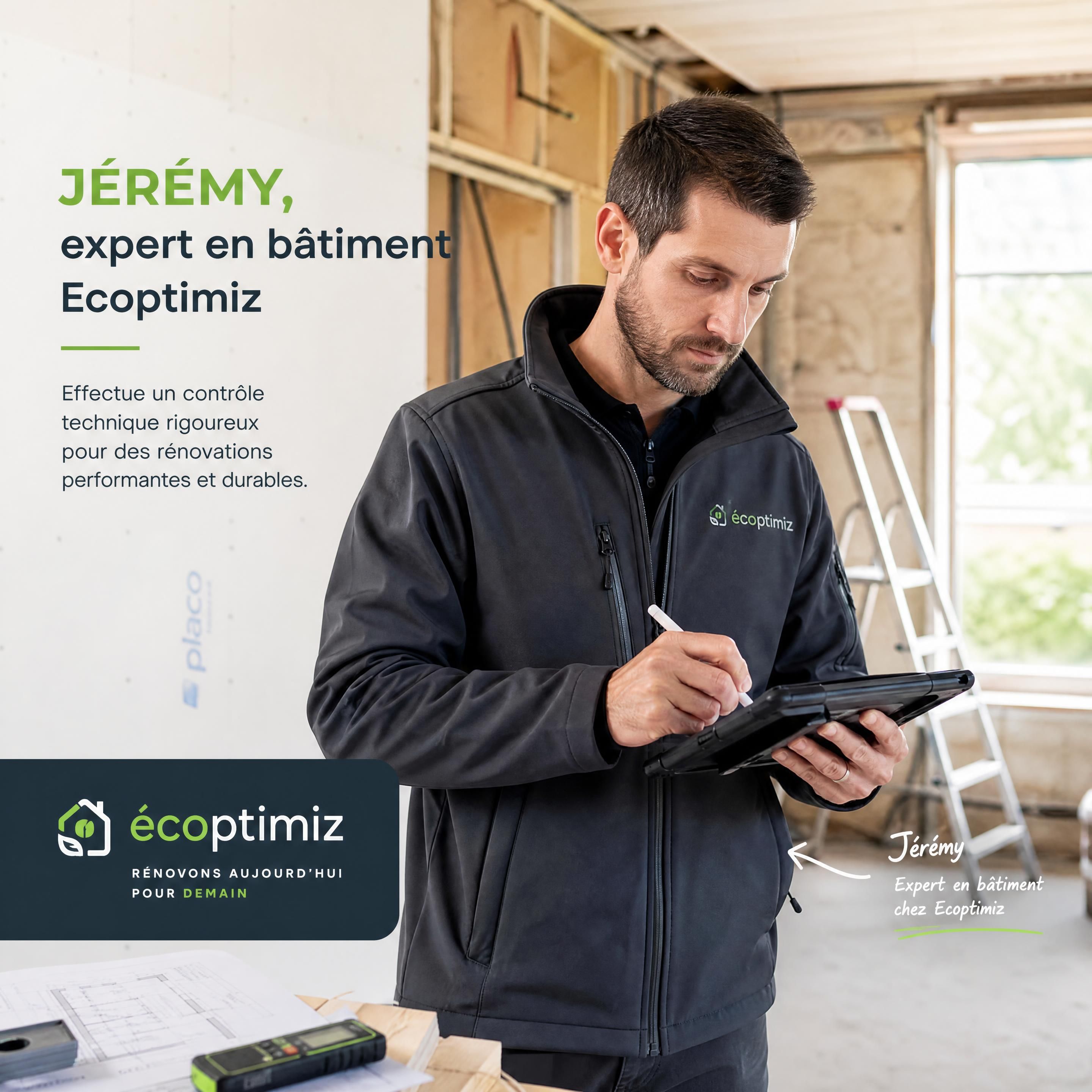 Jérémy, expert en bâtiment Ecoptimiz, effectuant un contrôle technique sur un chantier de rénovation