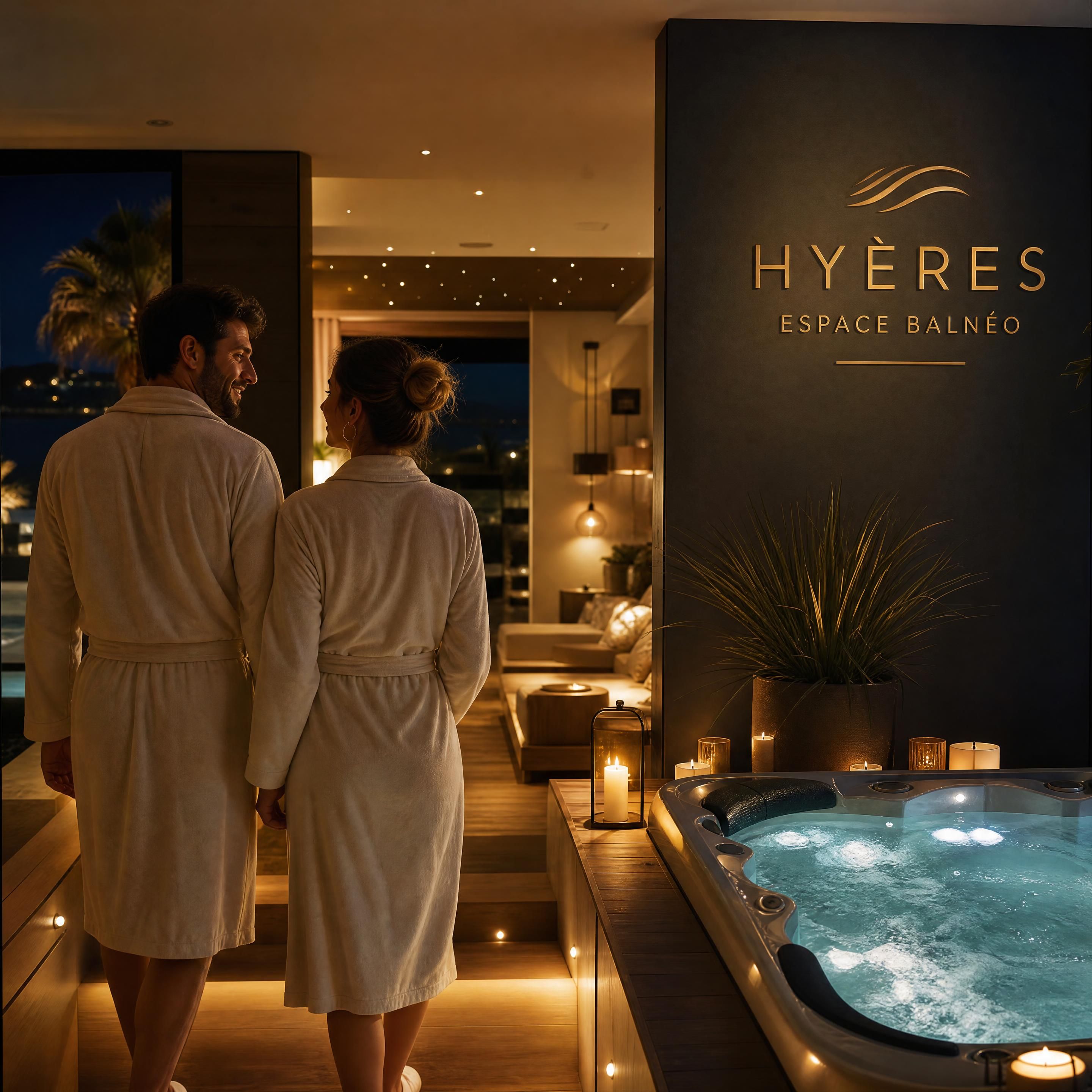 Couple adulte élégant arrivant dans un espace balnéo raffiné à Hyères, ambiance nocturne chaleureuse avec jacuzzi et éclairages feutrés