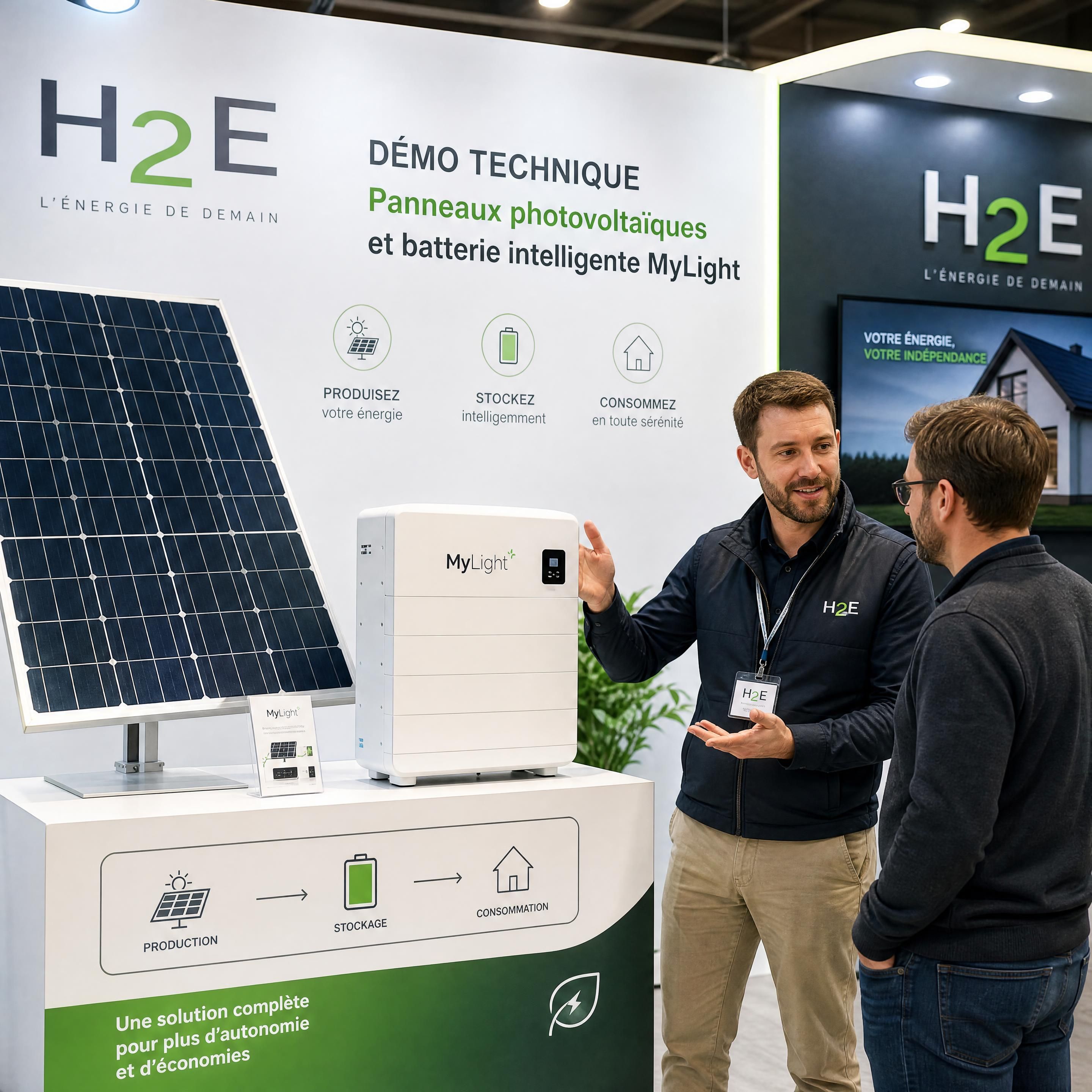 Démo technique des panneaux photovoltaïques et de la batterie intelligente MyLight sur le stand H2E
