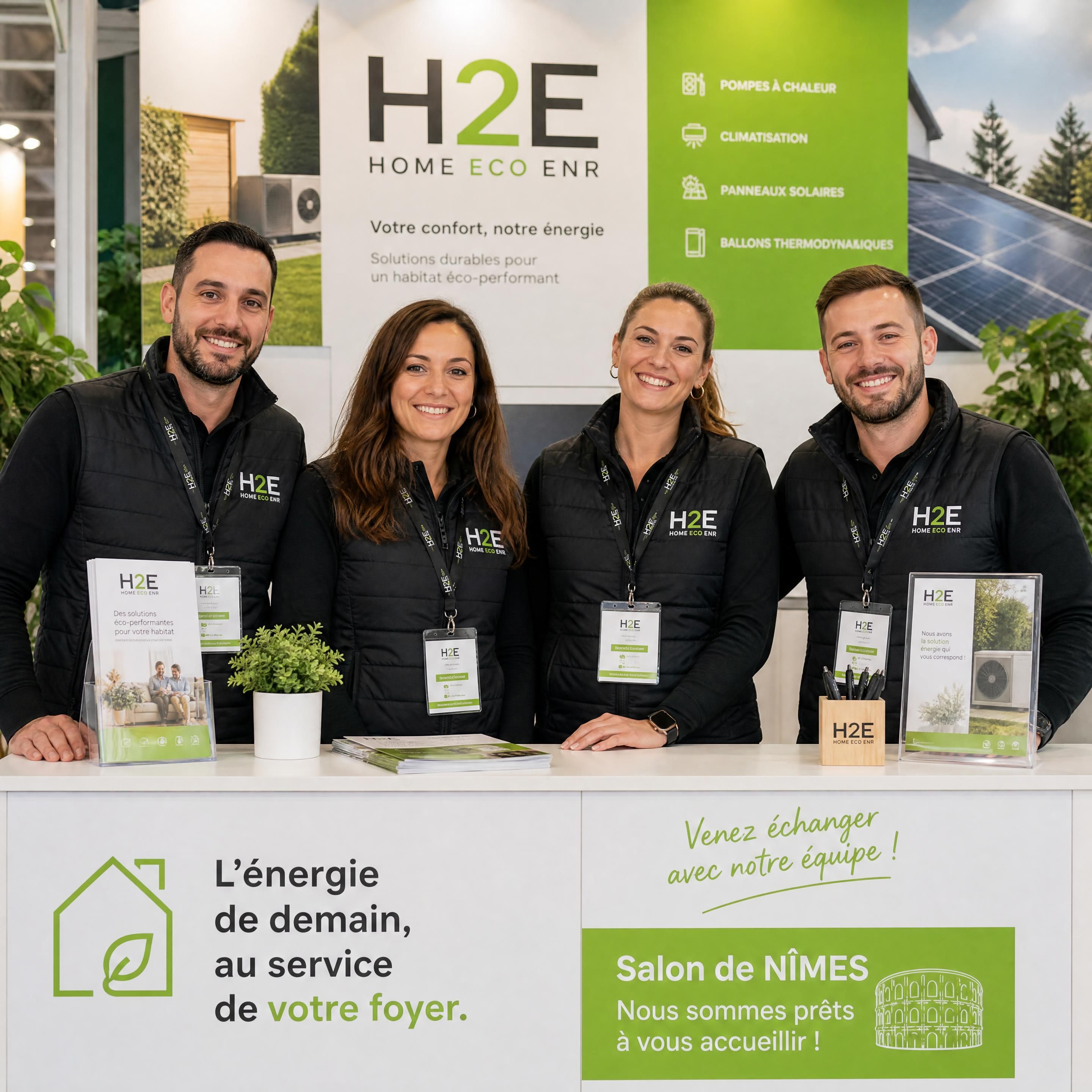 L'équipe de techniciens-conseils H2E Home Eco ENR souriante et prête à vous accueillir au stand de Nîmes