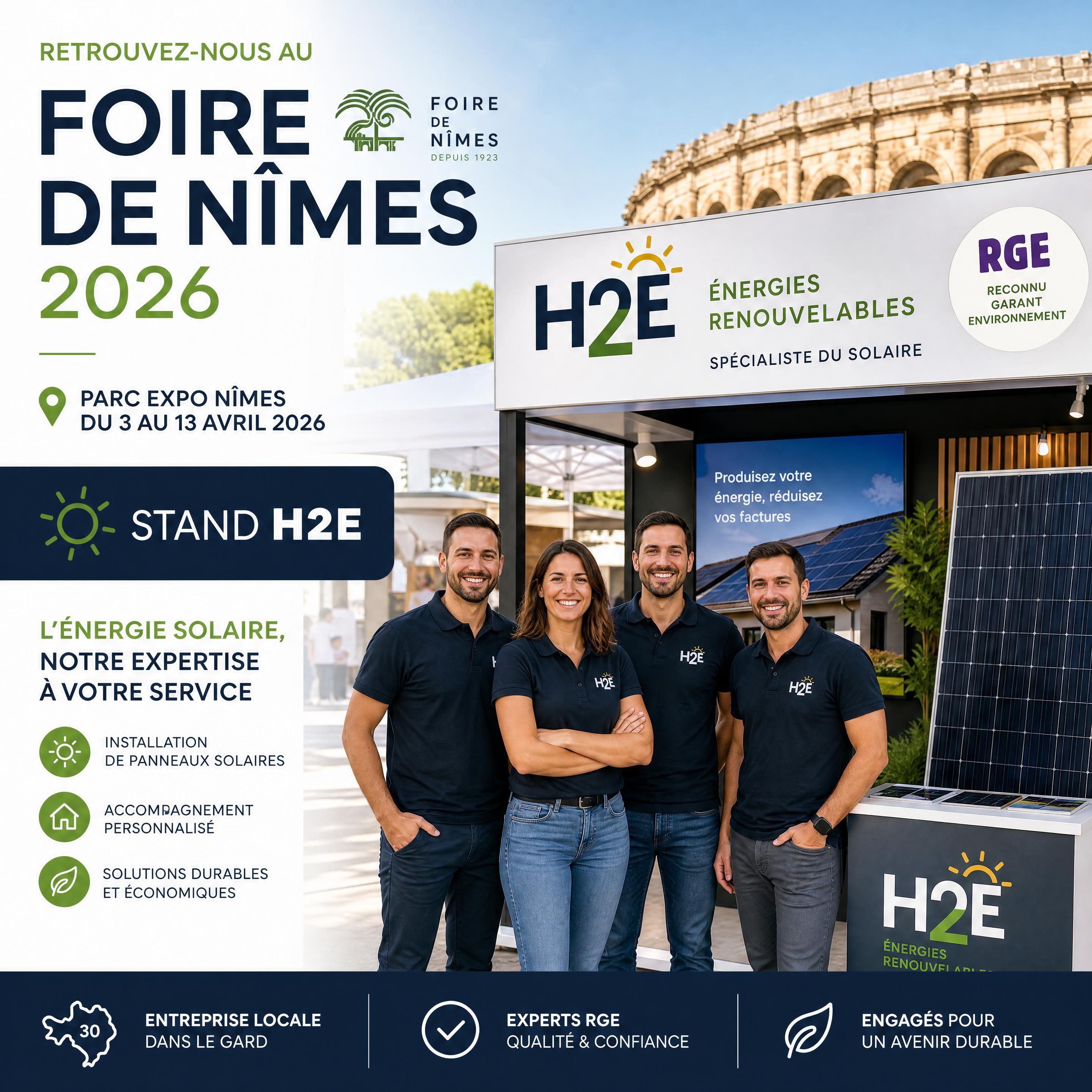Stand H2E à la Foire de Nîmes 2026 - Équipe d'experts en panneaux solaires RGE dans le Gard
