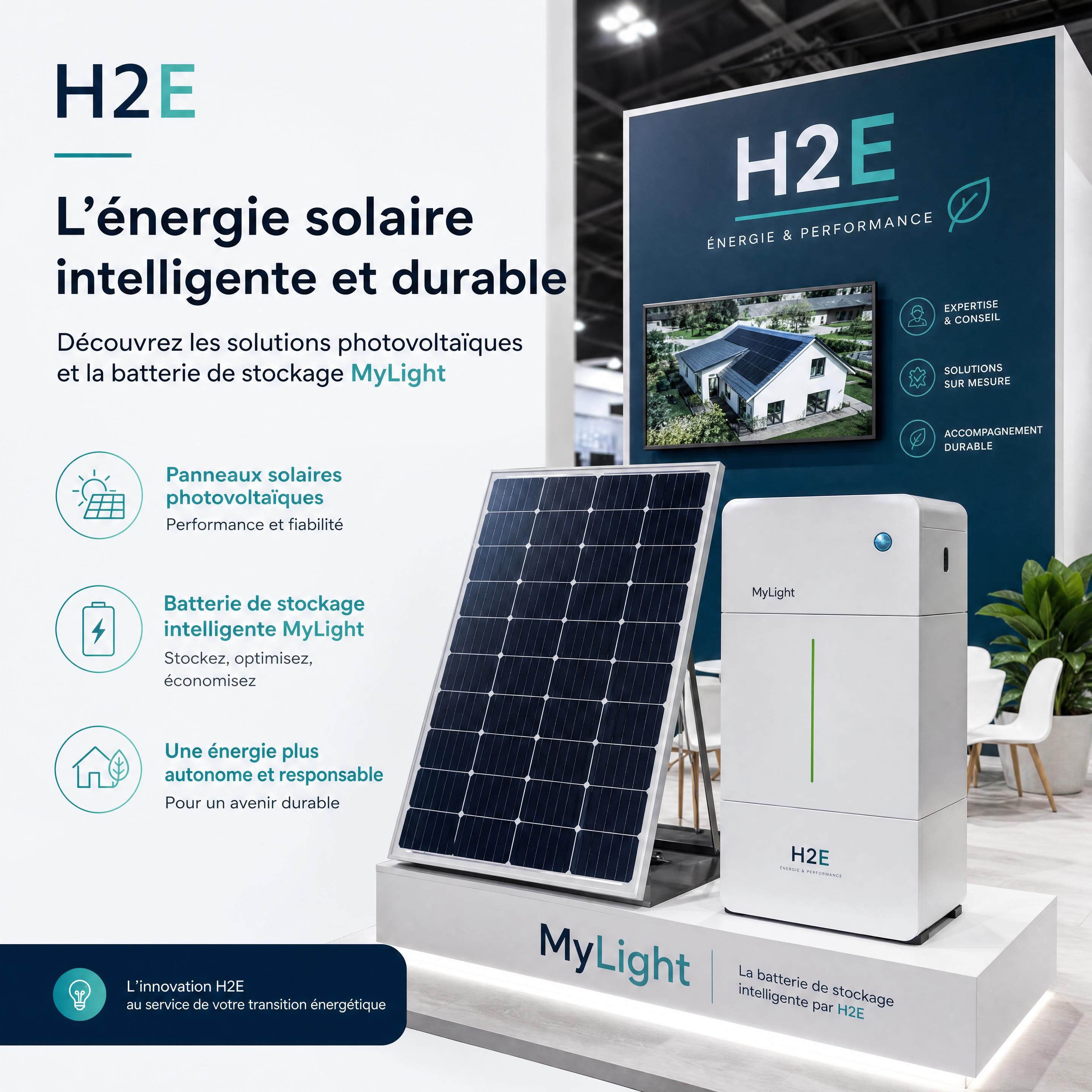 Présentation des panneaux solaires photovoltaïques et de la batterie de stockage intelligente MyLight sur le stand H2E