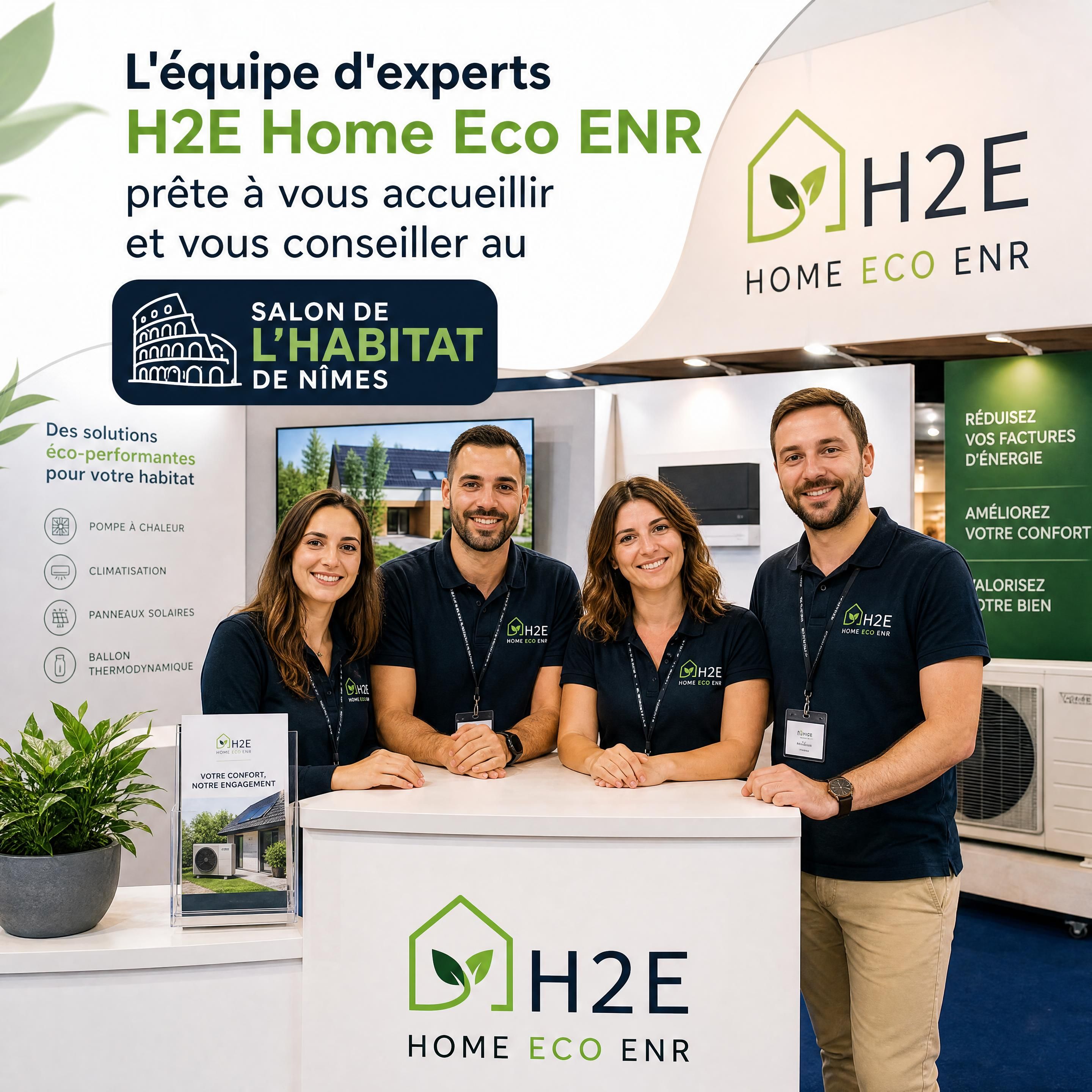 L'équipe d'experts H2E Home Eco ENR prête à vous accueillir et vous conseiller au Salon de l'Habitat de Nîmes