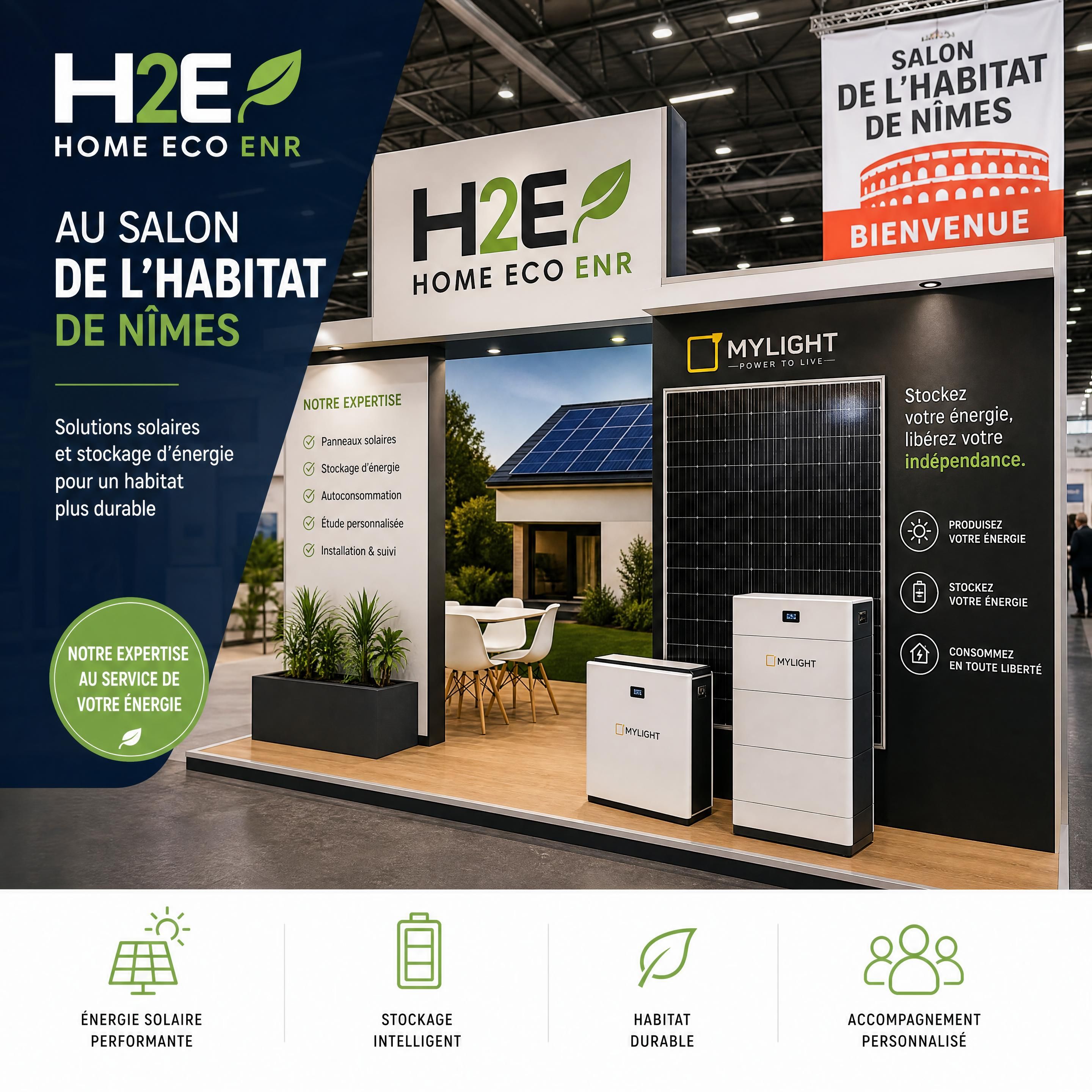 Stand H2E Home Eco ENR au Salon de l'Habitat de Nîmes avec des panneaux solaires et batteries MyLight