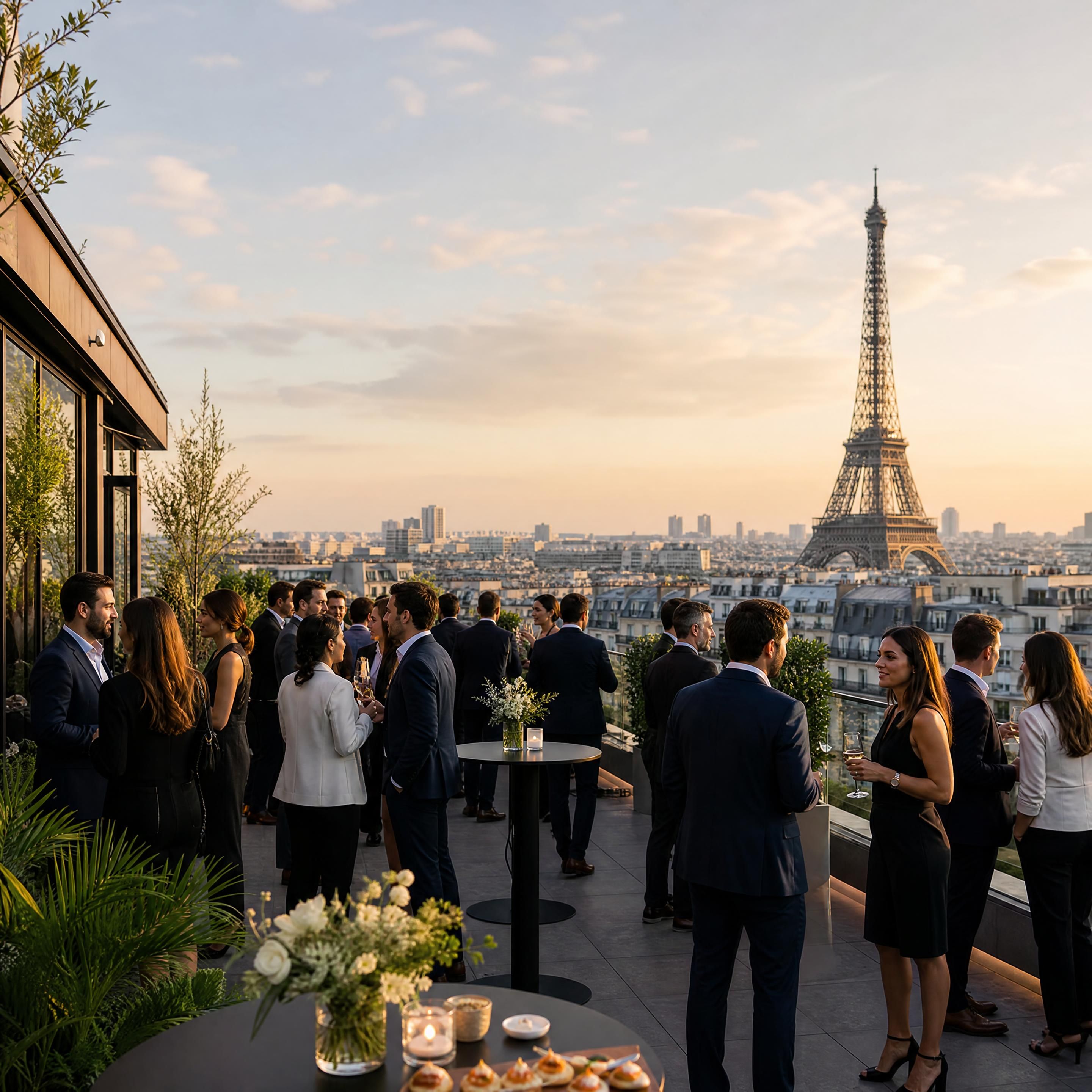 Vue panoramique d'un cocktail d'entreprise élégant sur un rooftop parisien avec vue sur la Tour Eiffel
