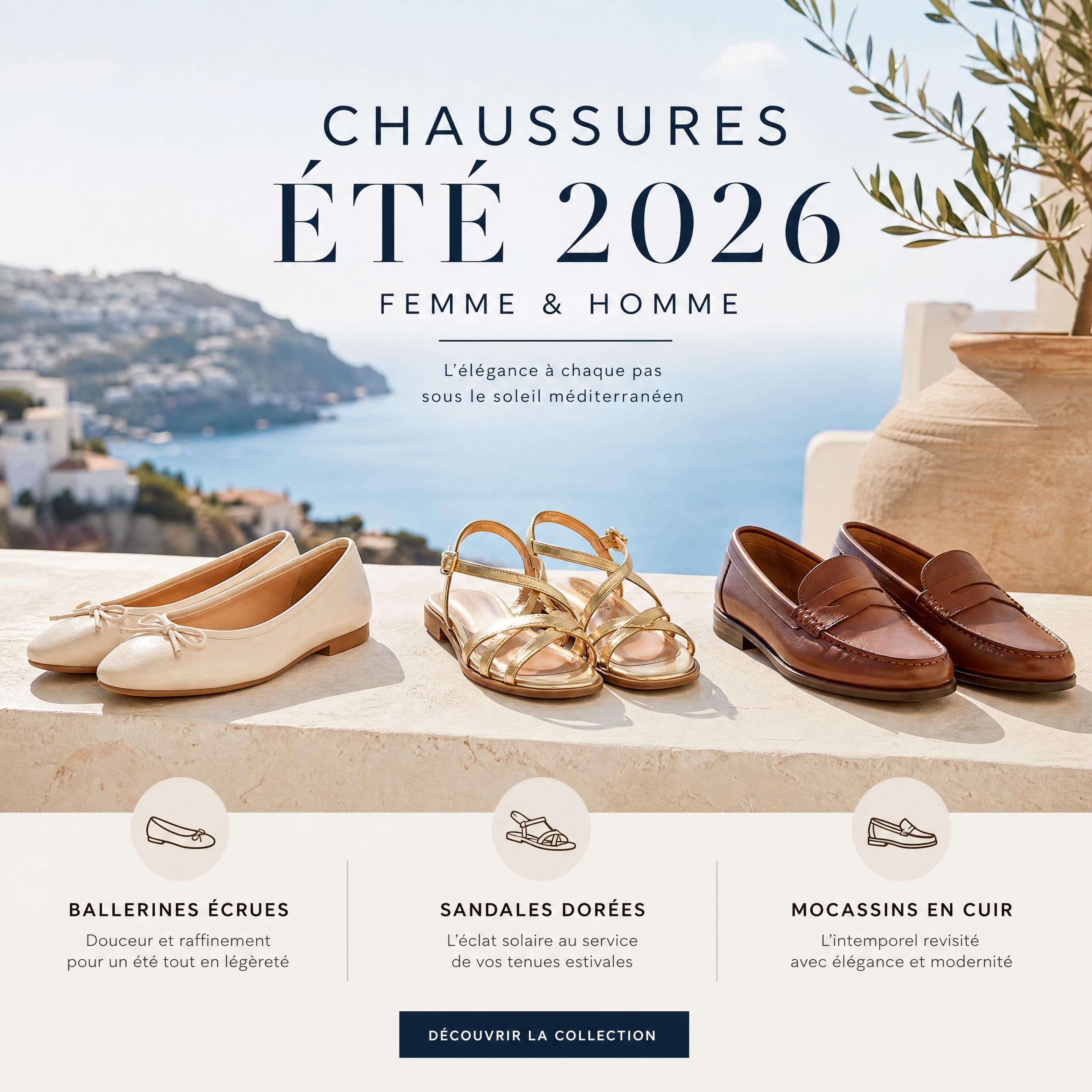 Chaussures été 2026 femme et homme avec ballerines écrues, sandales dorées et mocassins en cuir dans une ambiance méditerranéenne