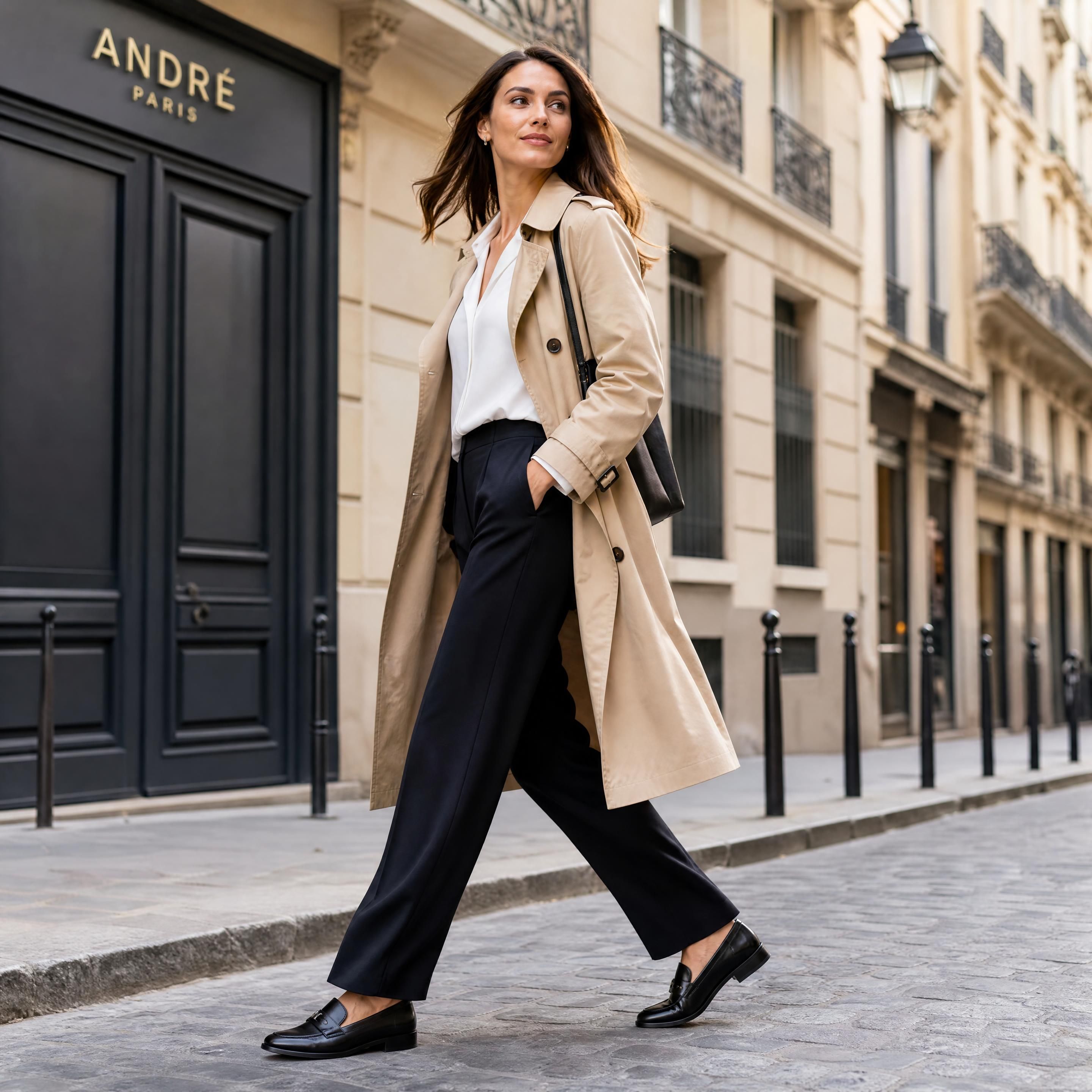 Une femme urbaine active marchant d'un pas décidé dans une rue pavée parisienne, portant des mocassins en cuir noir André de qualité supérieure avec un pantalon de tailleur fluide et un trench beige classique