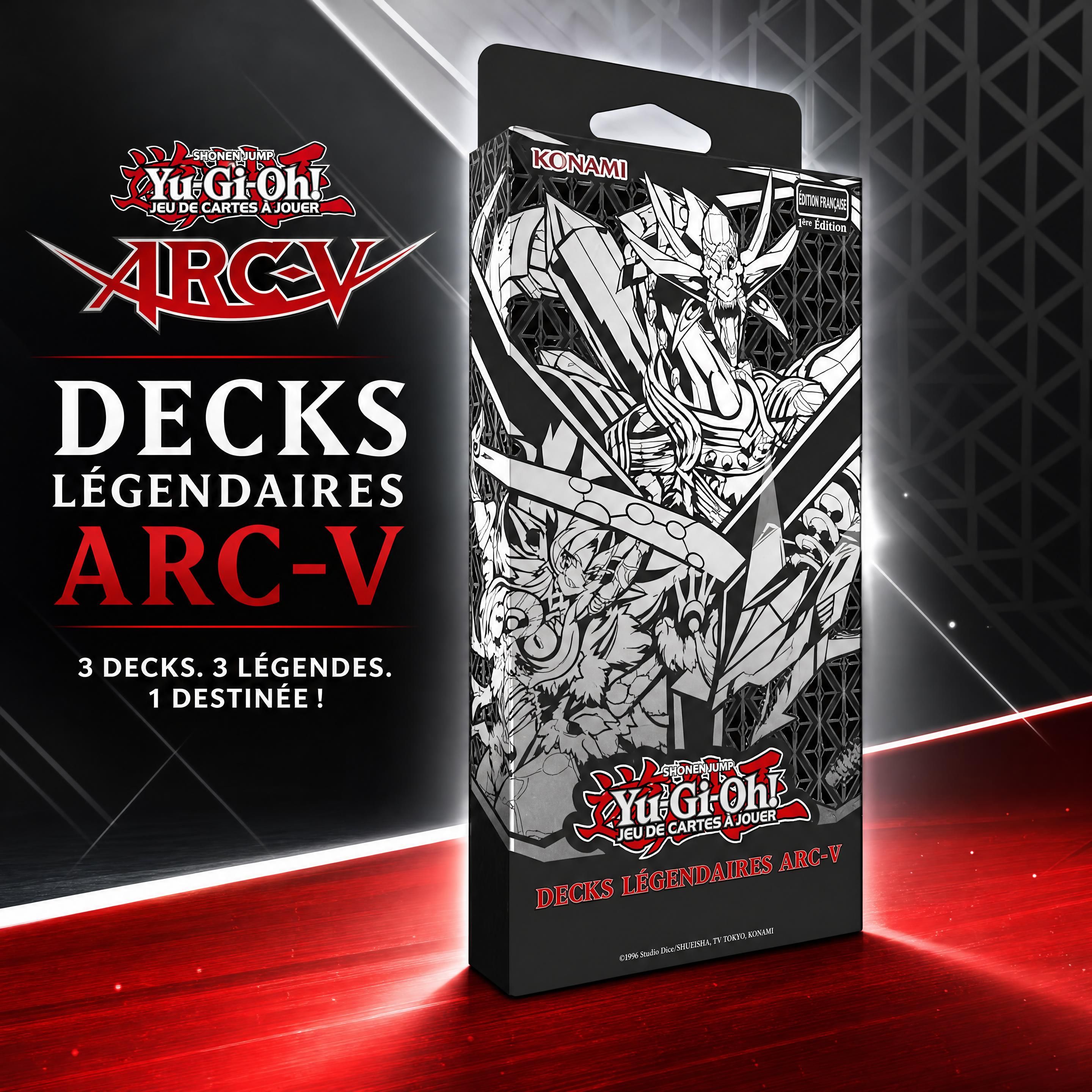 Le coffret Legendary Arc-V Decks affichant Yuya Sakaki, Celina et Yugo avec leurs monstres emblématiques en arrière-plan