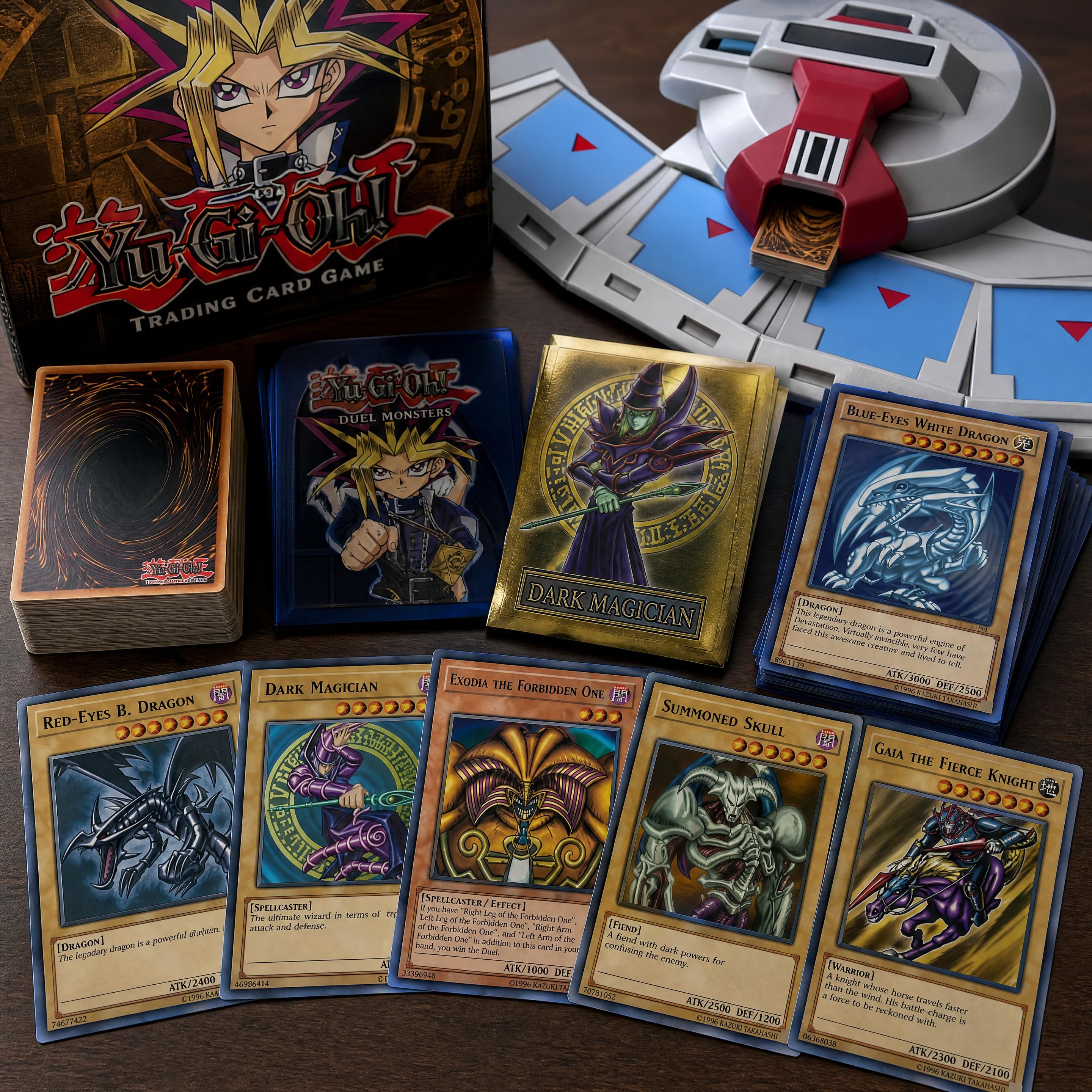 Collection de cartes Yu-Gi-Oh rétro avec un deck de duel, des pochettes de protection et des cartes iconiques de l’ère Duel Monsters