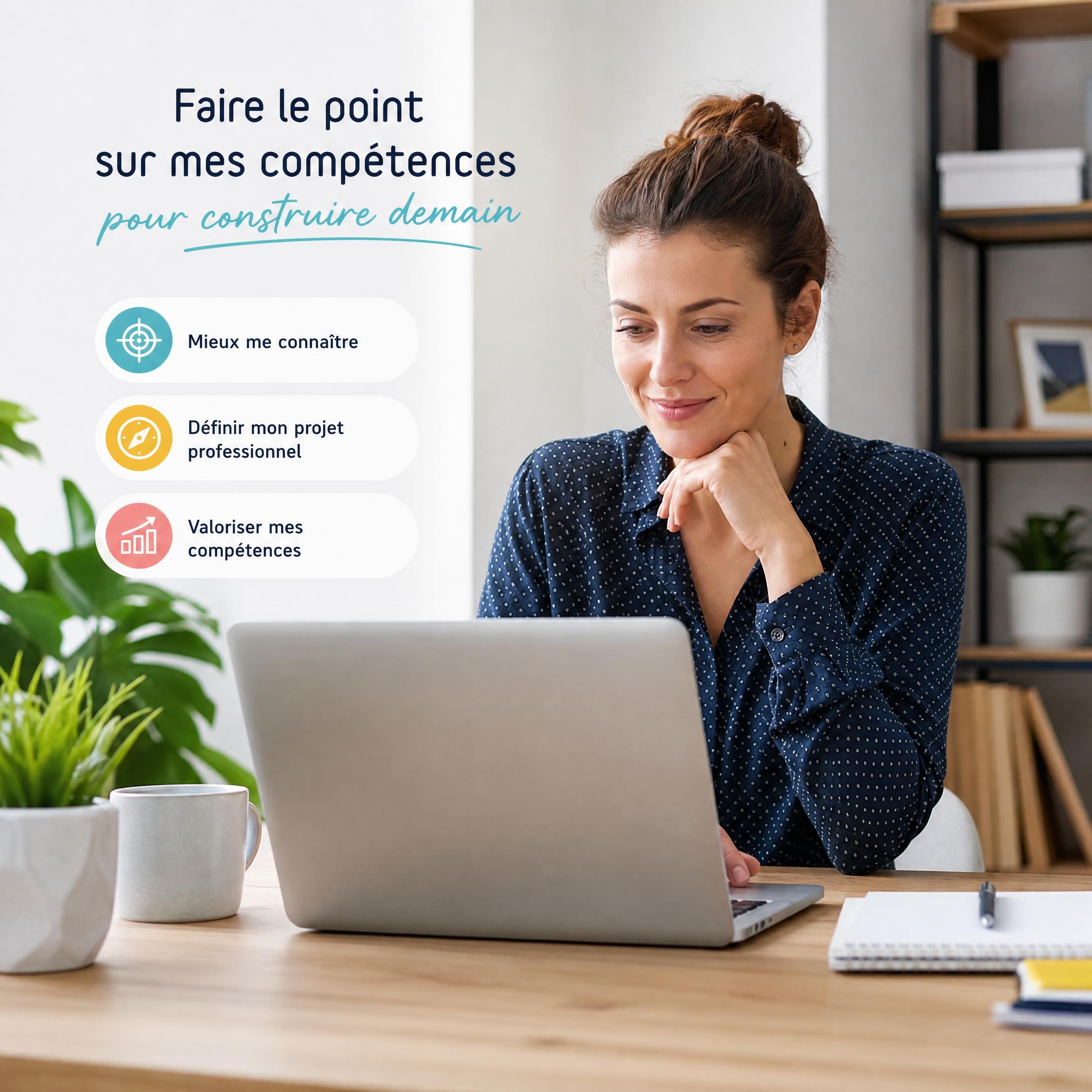 Une professionnelle sereine devant son ordinateur portable, effectuant son bilan de compétences en ligne pour préparer sa reconversion professionnelle