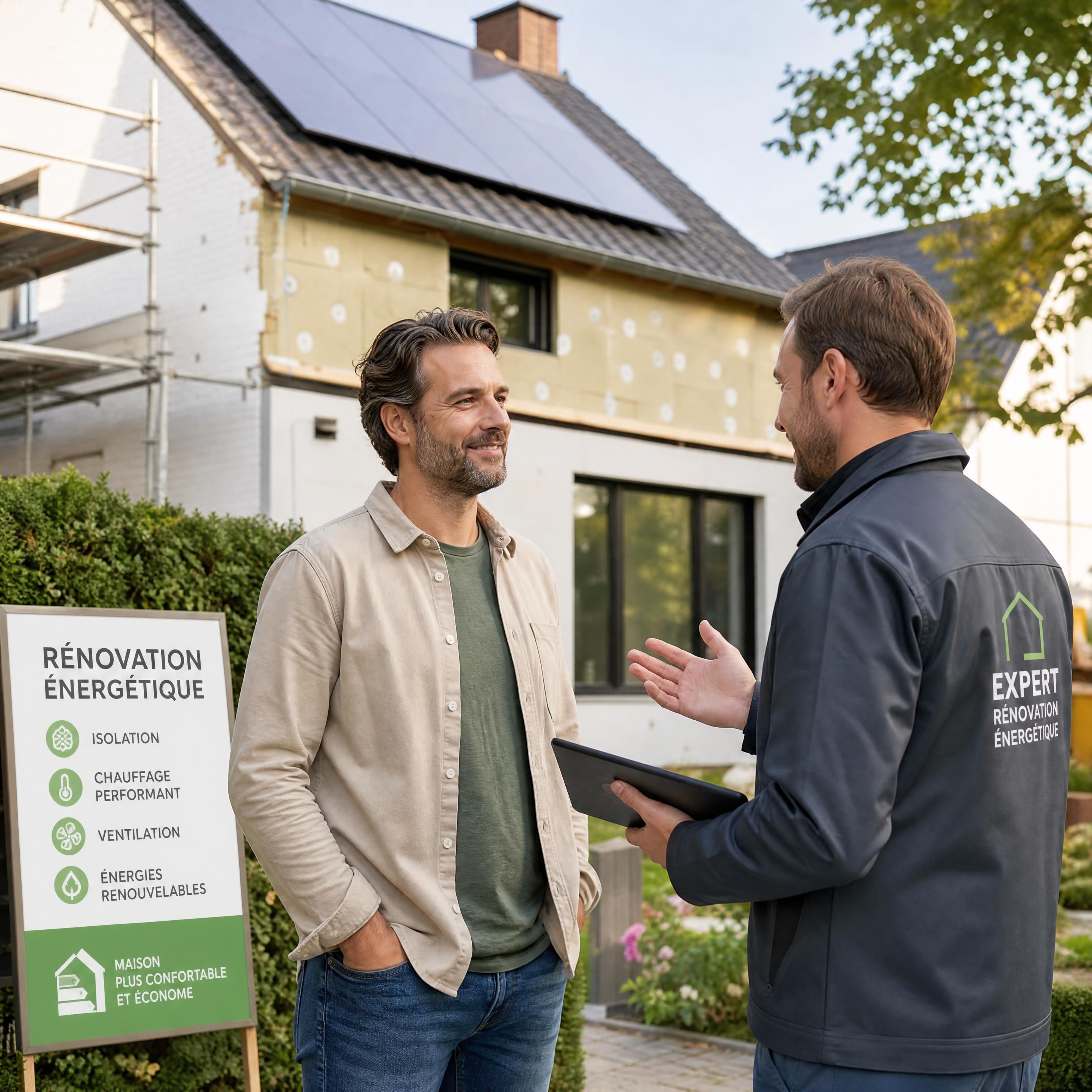 Propriétaire belge serein discutant avec un expert en rénovation devant une maison en cours de modernisation énergétique