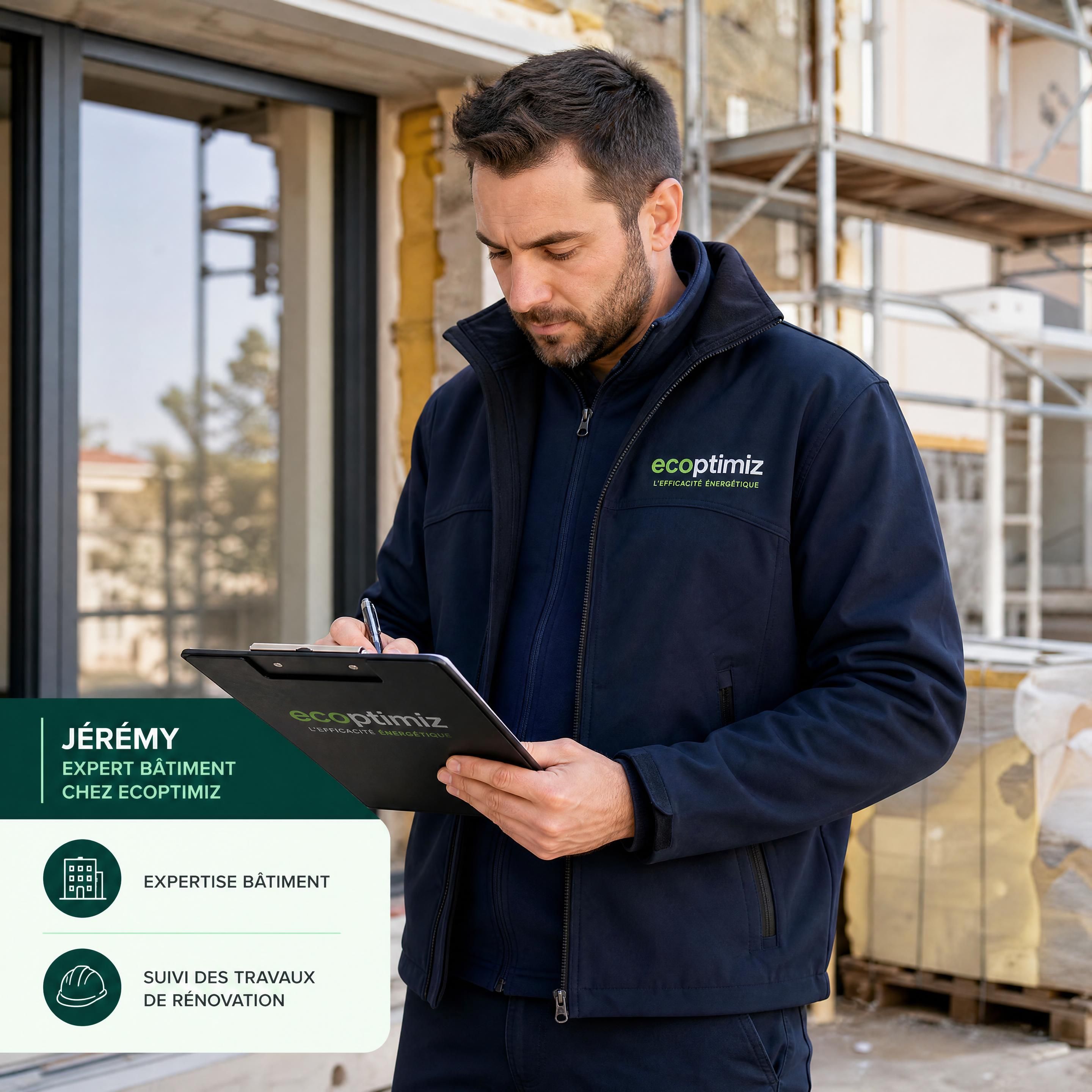 Photo de Jérémy, expert chez Ecoptimiz, effectuant une expertise bâtiment et un suivi des travaux de rénovation sur le terrain - IMAGE_JEREMY_EXPERT
