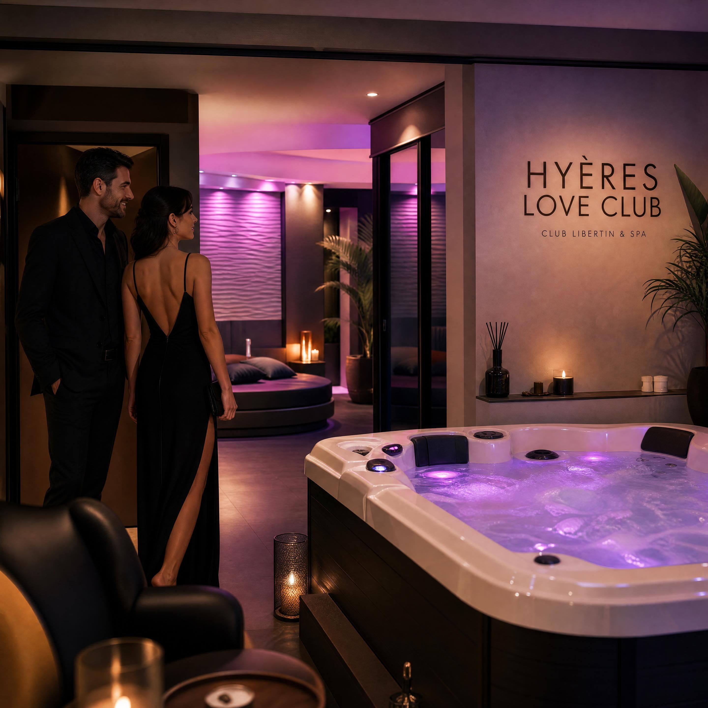 Couple élégant découvrant un espace balnéo raffiné avec jacuzzi et lumière tamisée dans un club libertin à Hyères