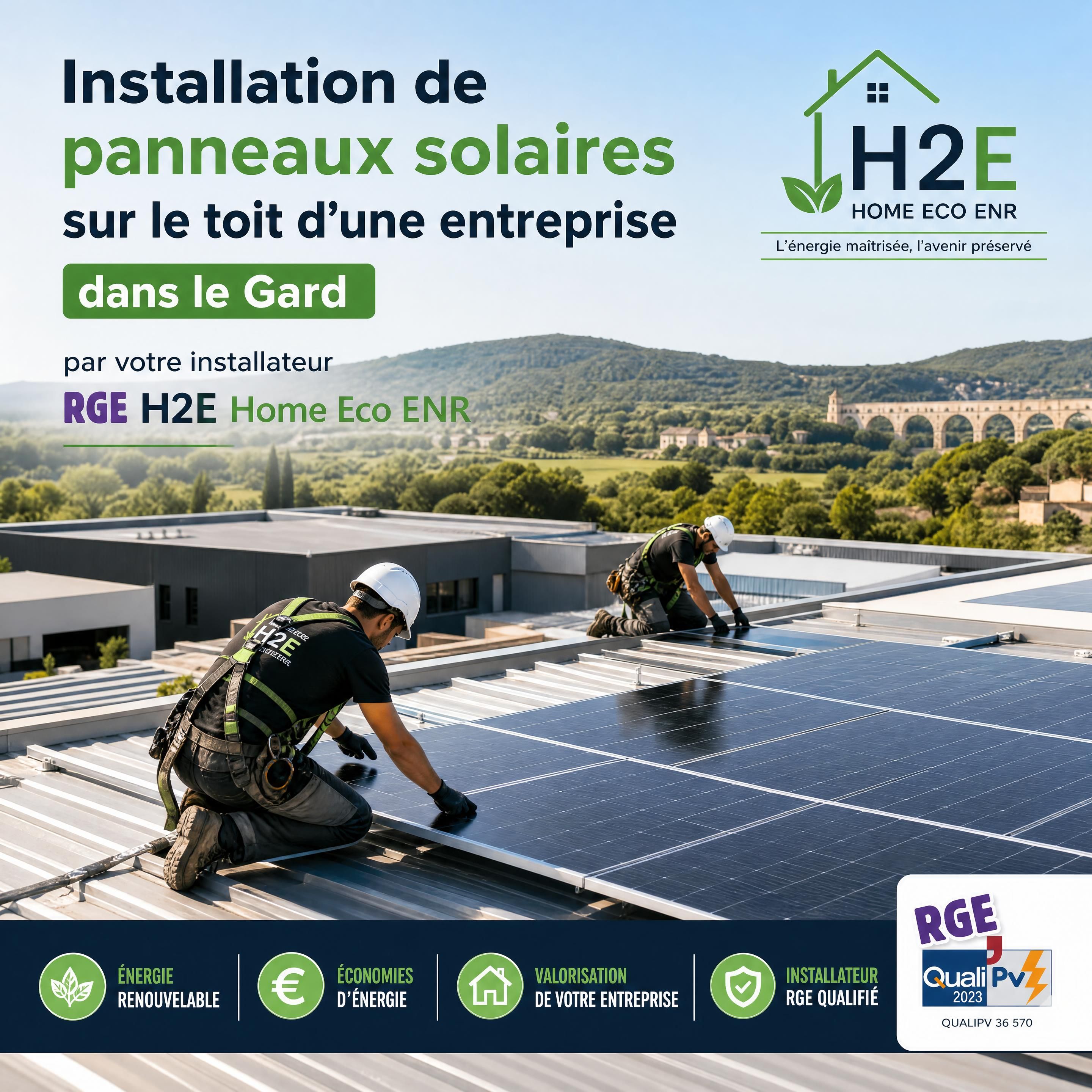 Installation de panneaux solaires sur le toit d'une entreprise dans le Gard par l'installateur RGE H2E Home Eco ENR