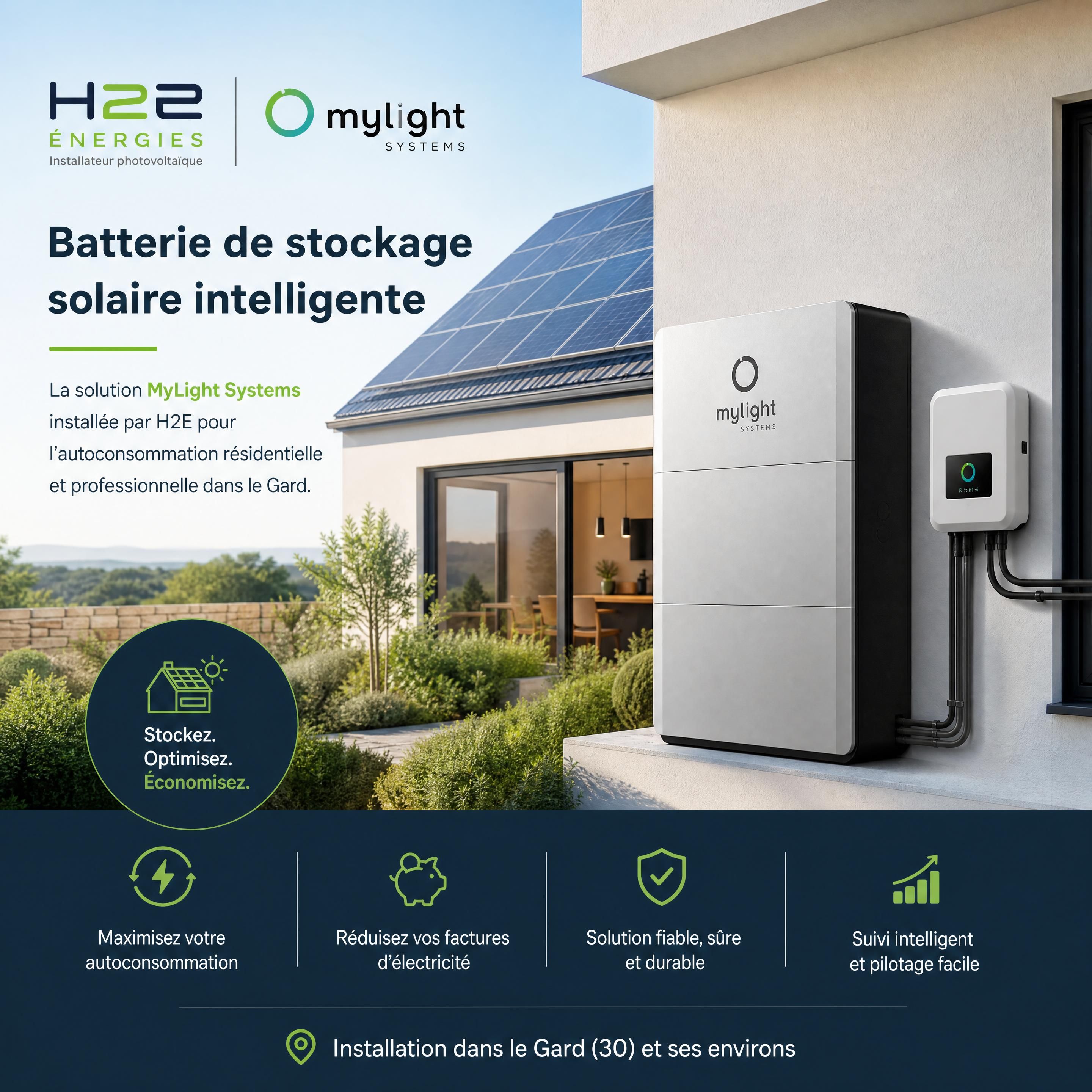 Batterie de stockage solaire intelligente MyLight Systems installée par H2E pour l'autoconsommation résidentielle et professionnelle dans le Gard