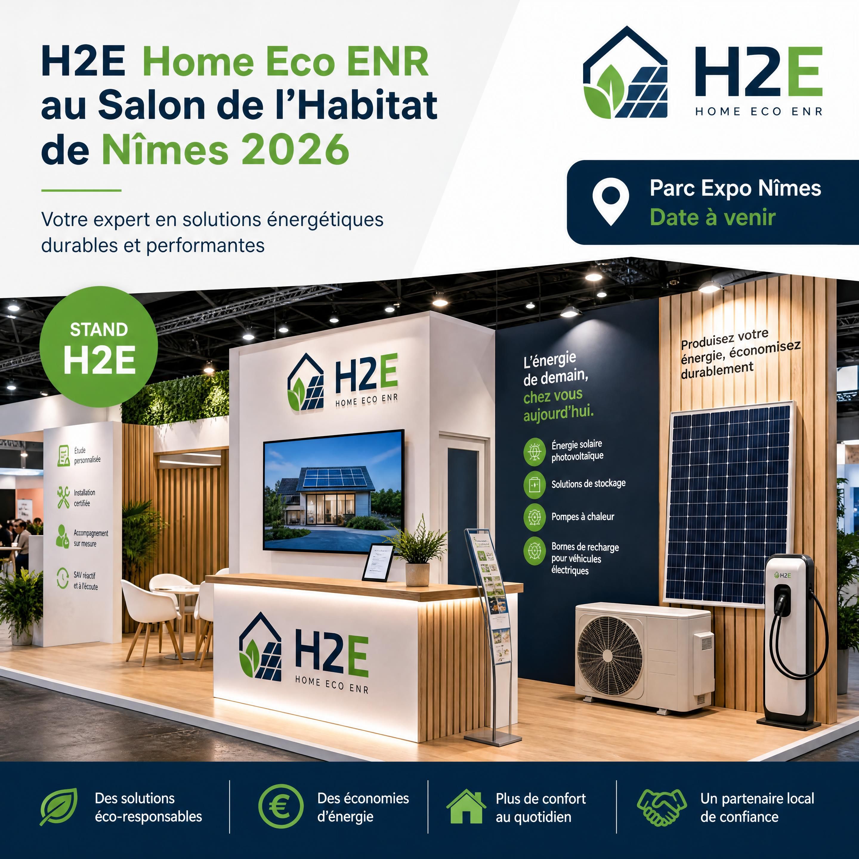 Stand H2E Home Eco ENR au Salon de l'Habitat de Nîmes 2026 avec panneaux solaires photovoltaïques et solutions énergétiques