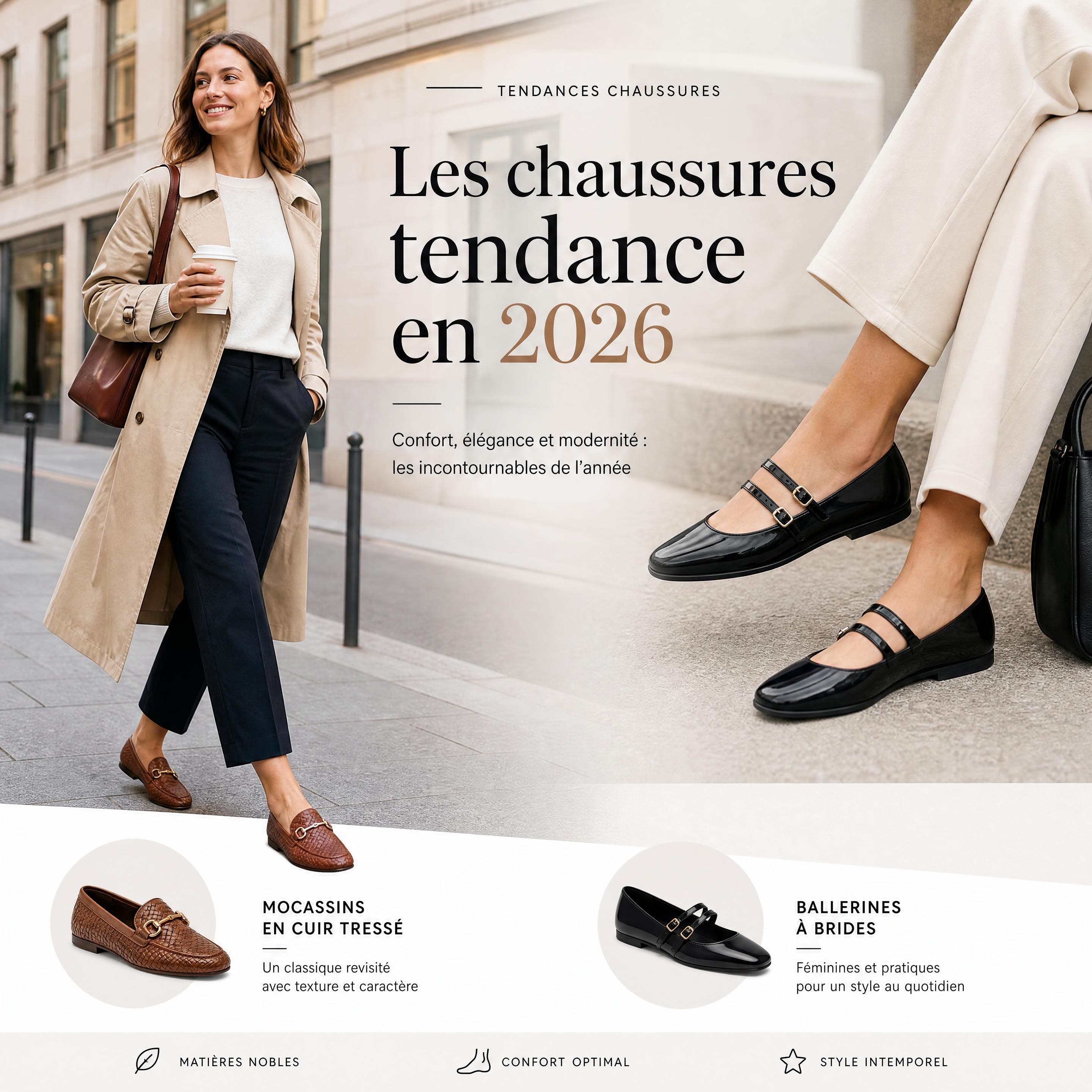 Sélection de chaussures tendance de l'année 2026 avec des mocassins en cuir tressé et des ballerines à brides portés par une femme active dans un cadre urbain