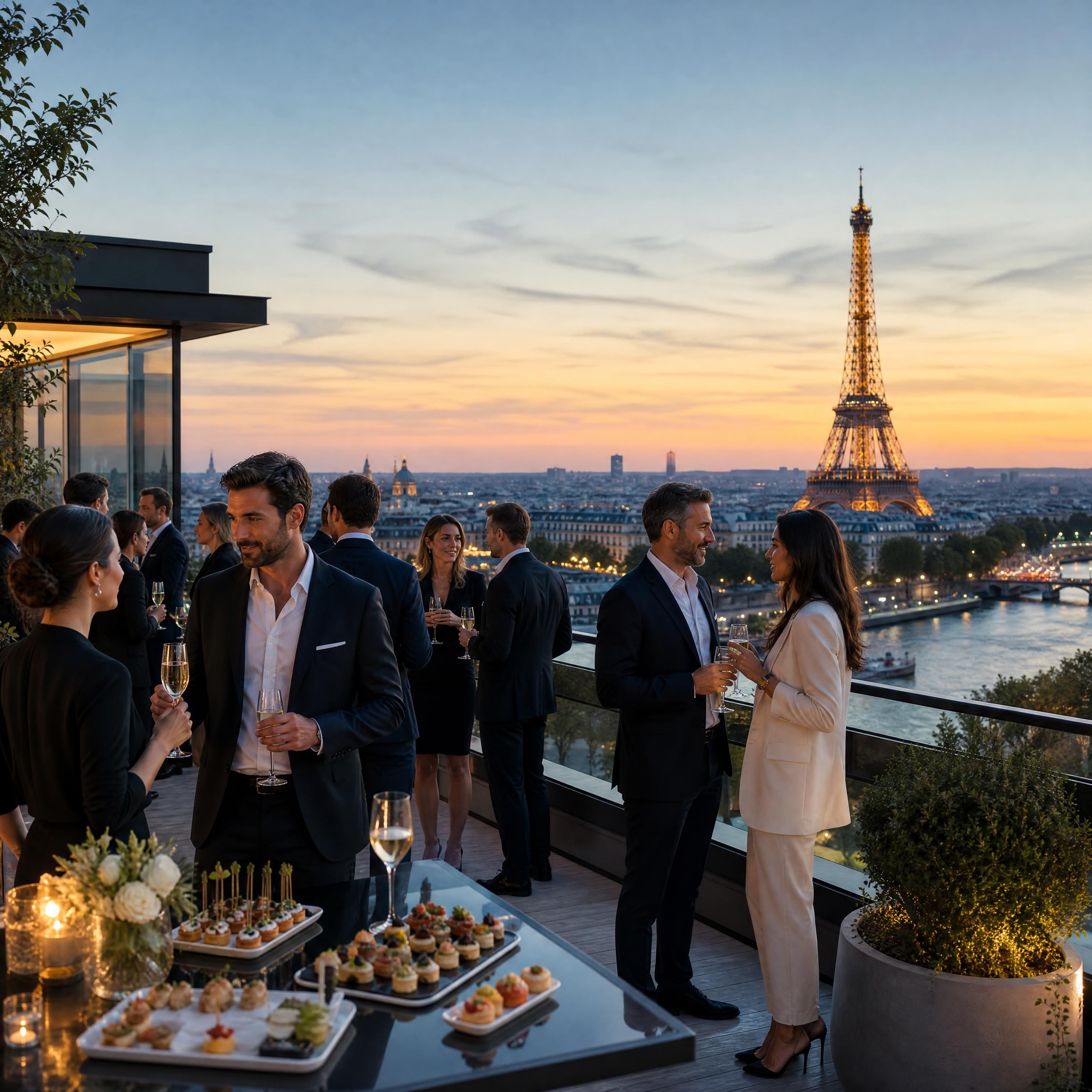 Un cocktail d'entreprise haut de gamme sur un rooftop avec vue panoramique sur la Tour Eiffel et la Seine à Paris