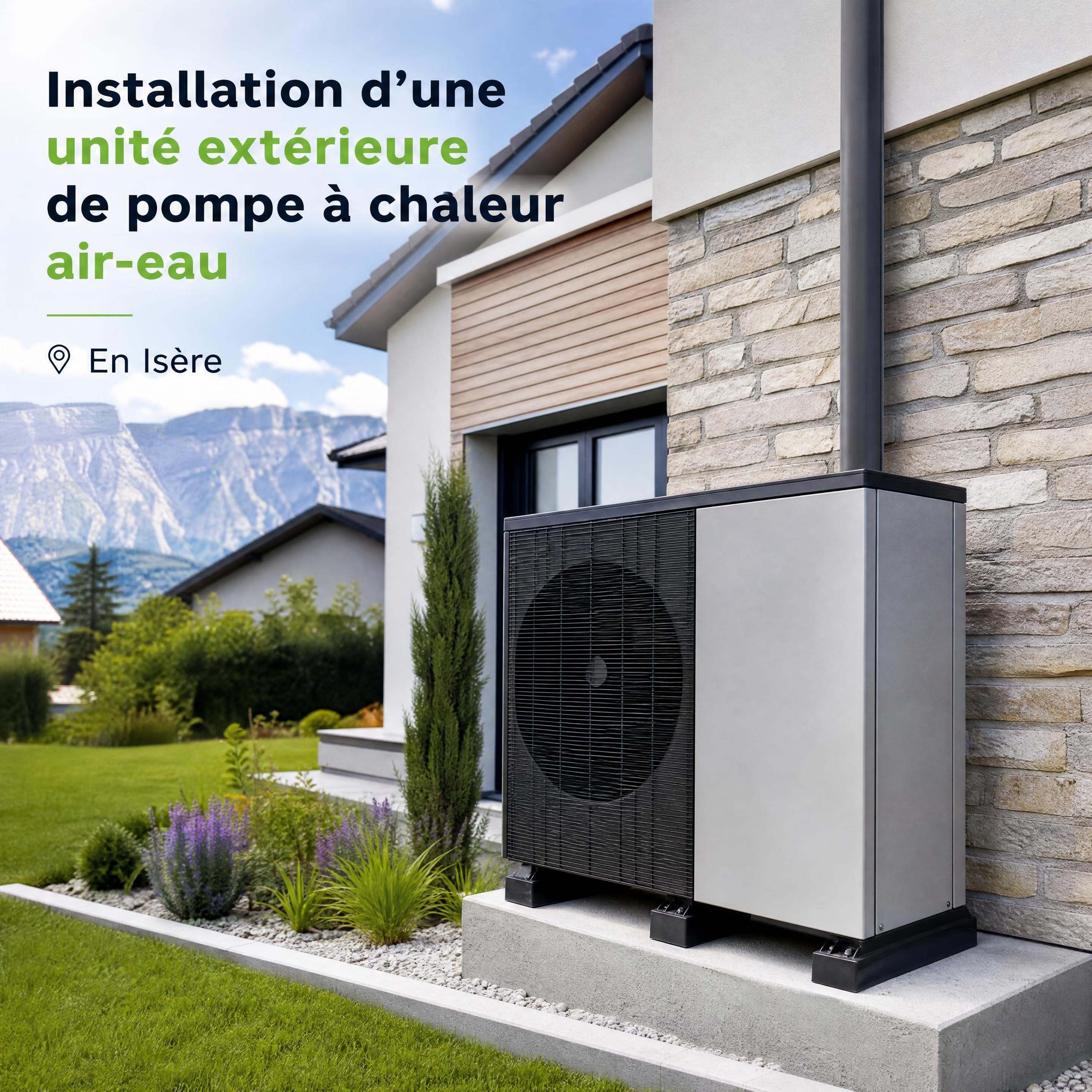 Installation d'une unité extérieure de pompe à chaleur air-eau moderne et silencieuse devant une maison rénovée en Isère