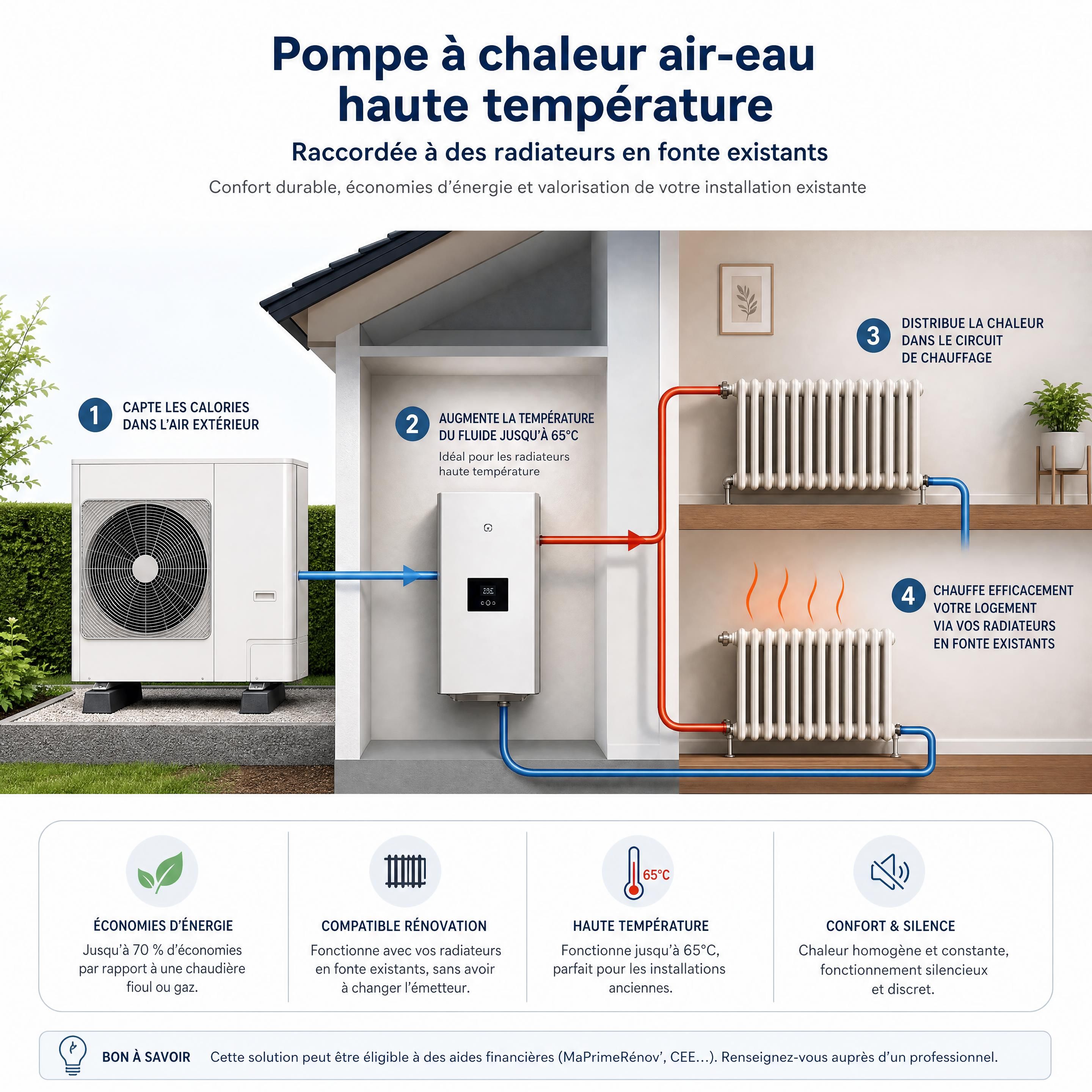 Schéma explicatif du fonctionnement d'une pompe à chaleur air-eau haute température raccordée à des radiateurs en fonte existants