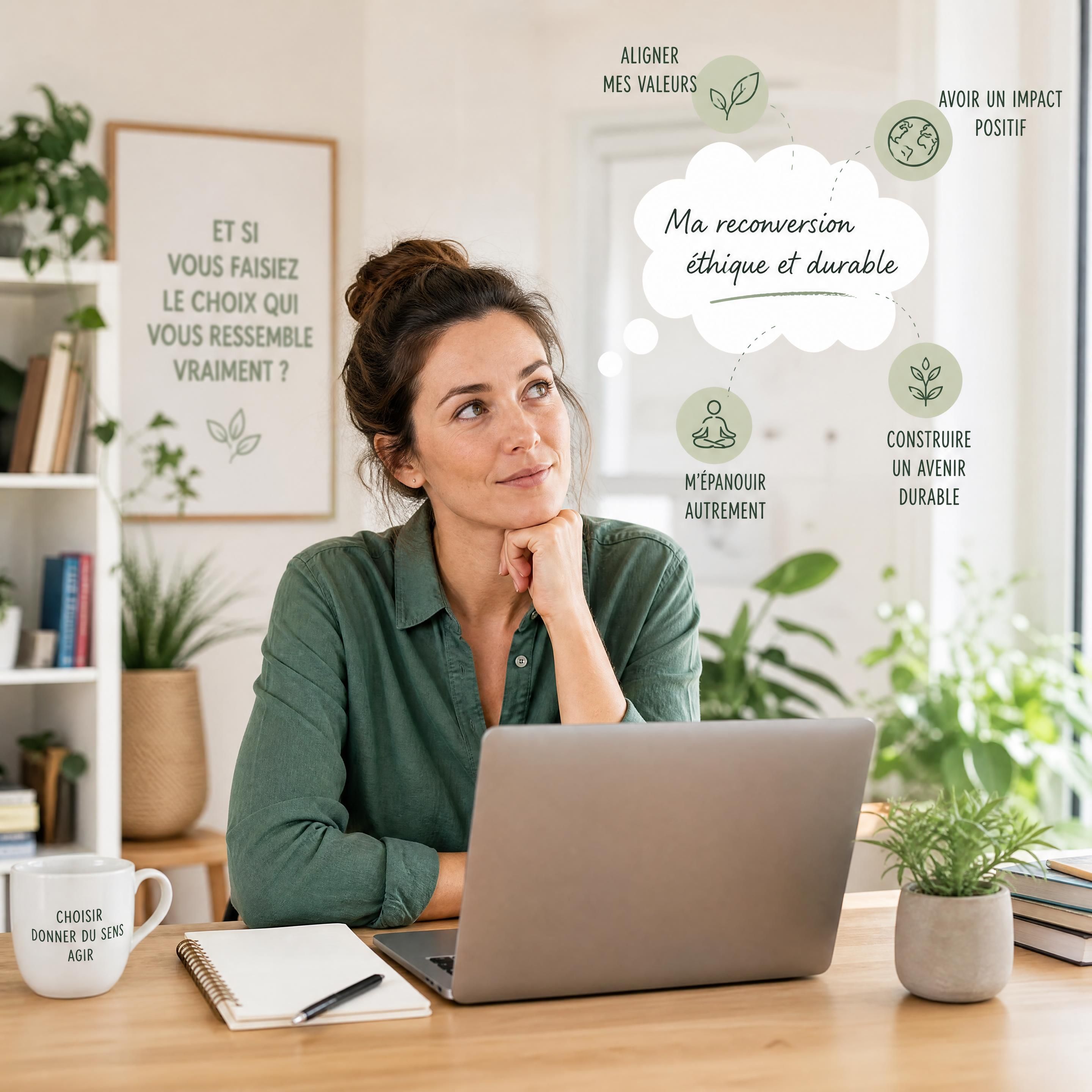 Une professionnelle sereine réfléchissant à sa reconversion éthique et durable devant son ordinateur