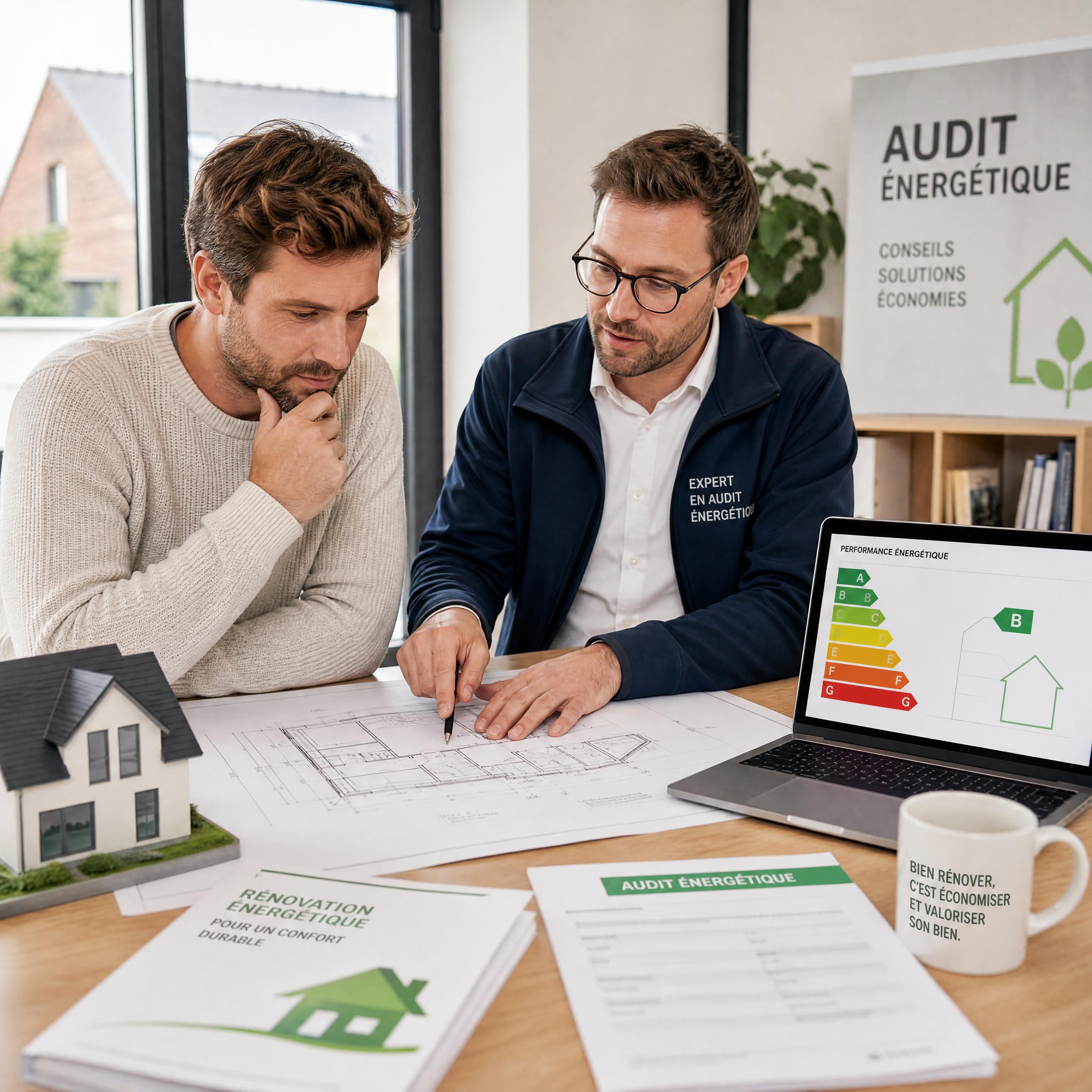 Propriétaire belge analysant les plans de rénovation de sa maison avec un expert en audit énergétique