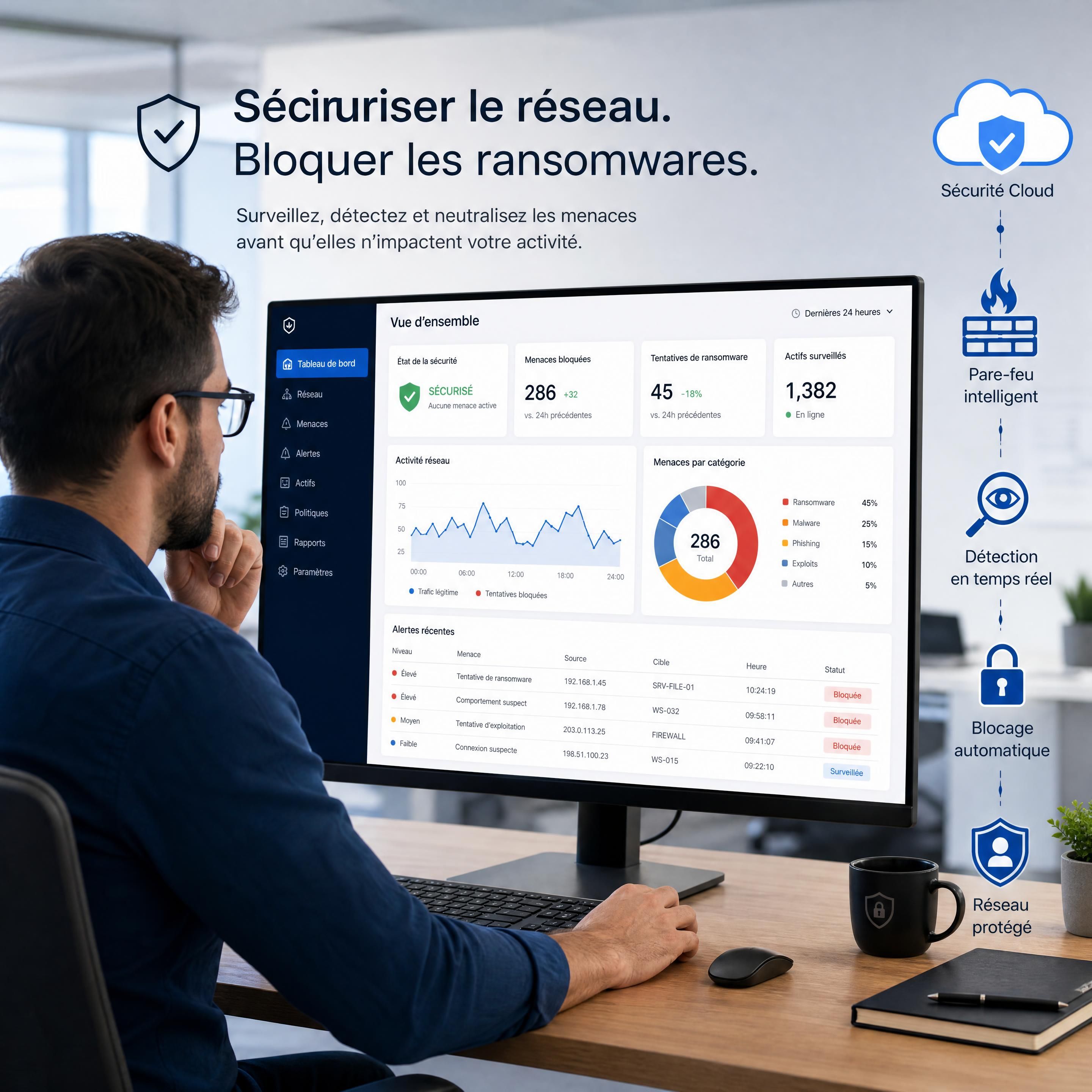 Un responsable informatique analysant la sécurité du réseau de son entreprise sur un tableau de bord cloud pour bloquer les ransomwares