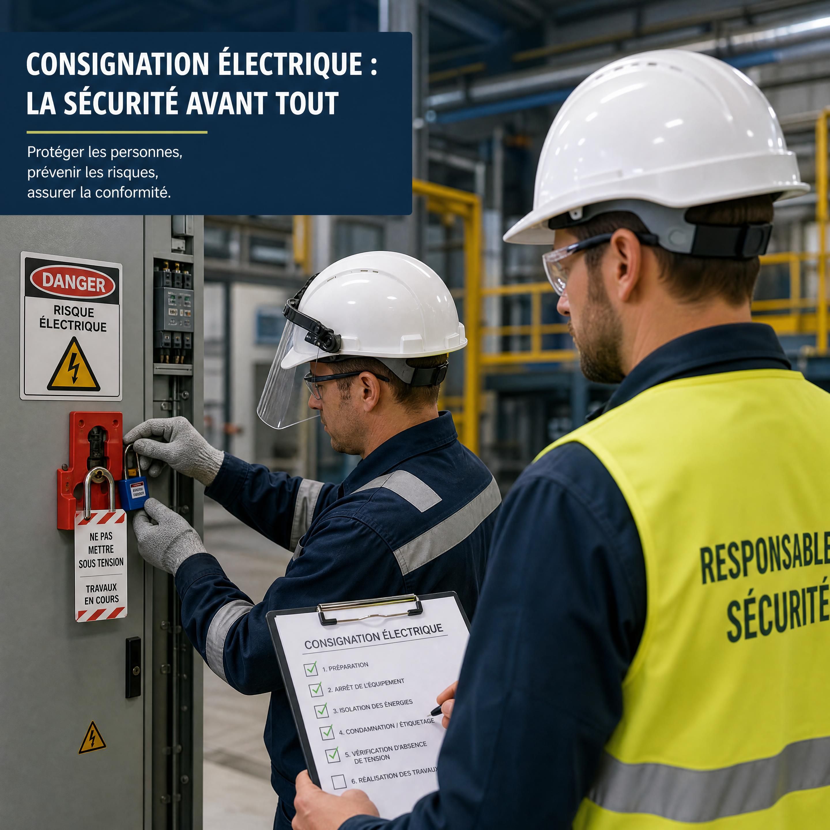 Un responsable sécurité supervisant une procédure de consignation électrique sur un site industriel.