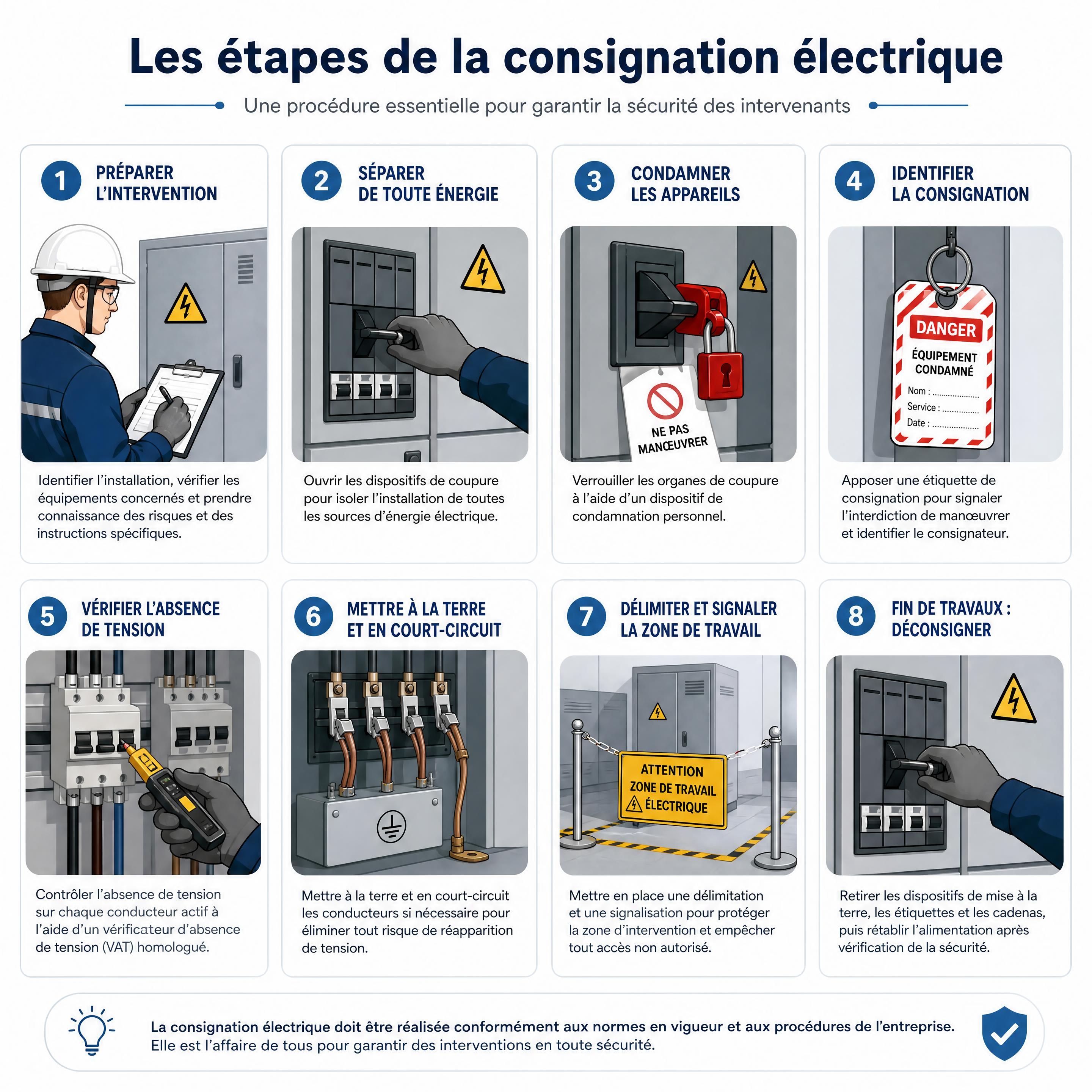 Schéma illustrant les étapes de la consignation électrique sur une installation industrielle.