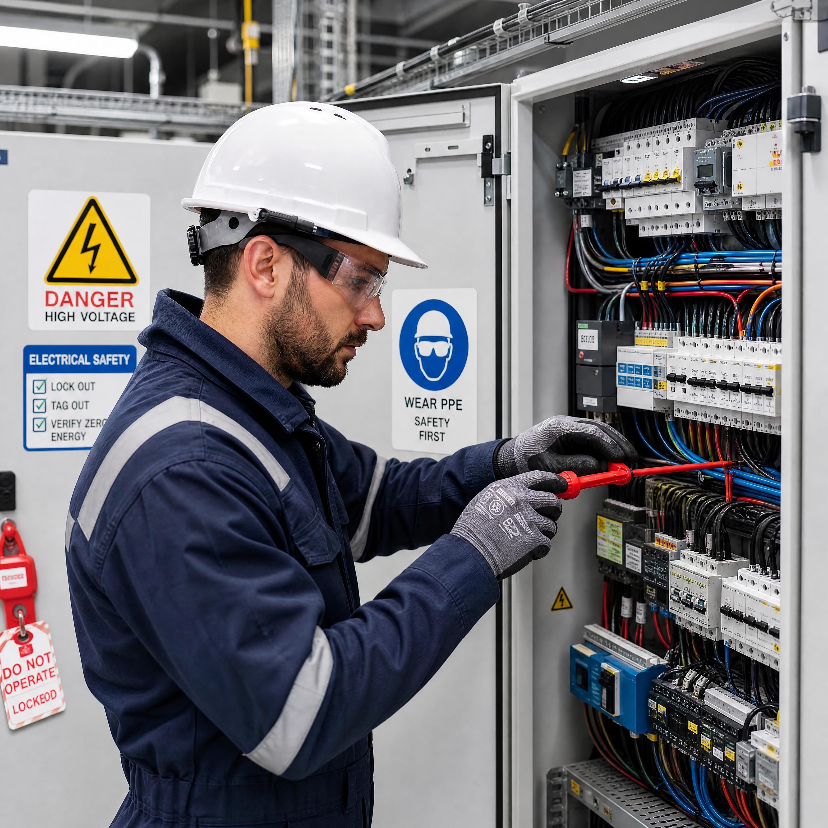 Un technicien de maintenance portant ses équipements de protection individuelle (EPI) lors d'une intervention sur une armoire électrique.