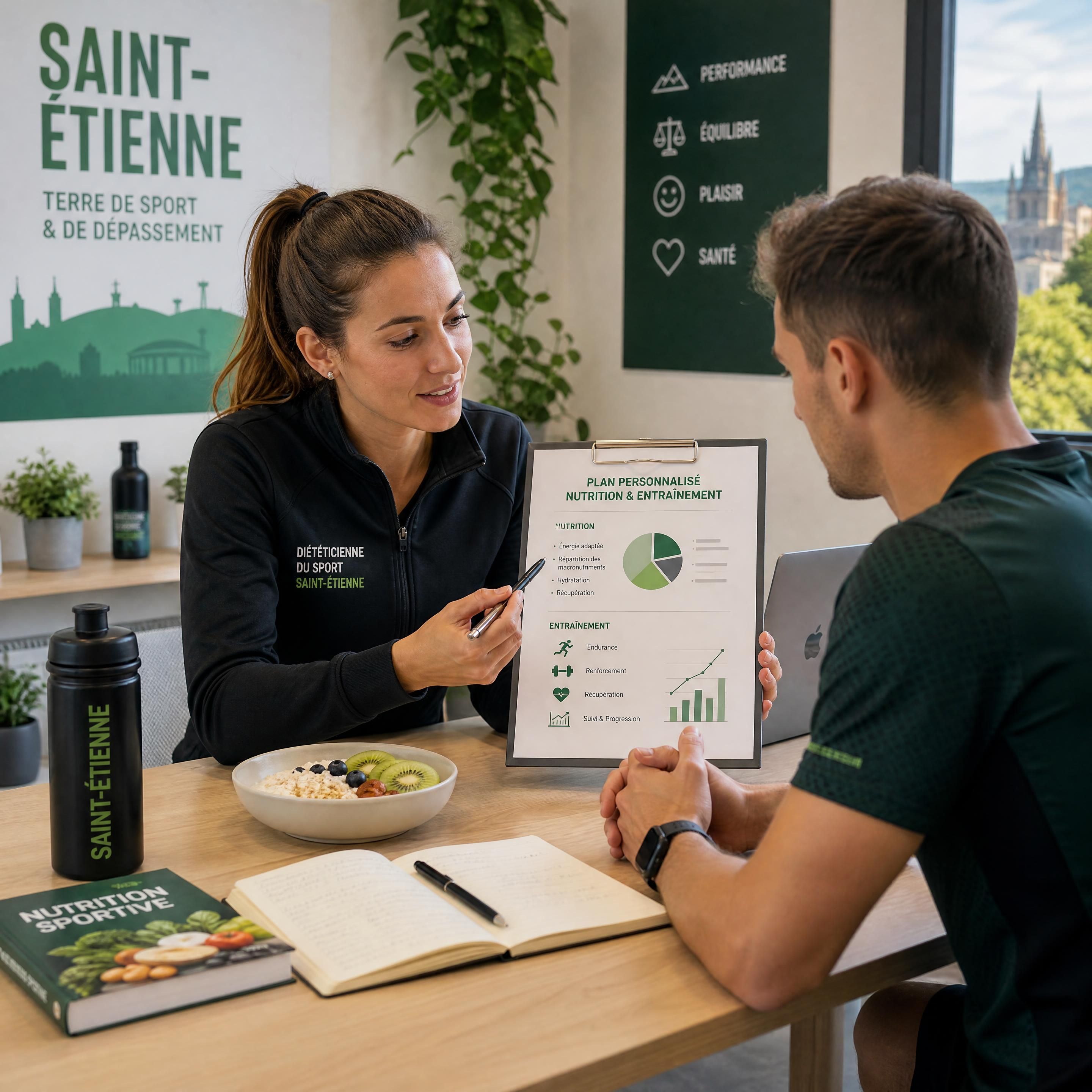 Une diététicienne du sport à Saint-Étienne préparant un plan nutritionnel et d'entraînement personnalisé pour un athlète d'endurance