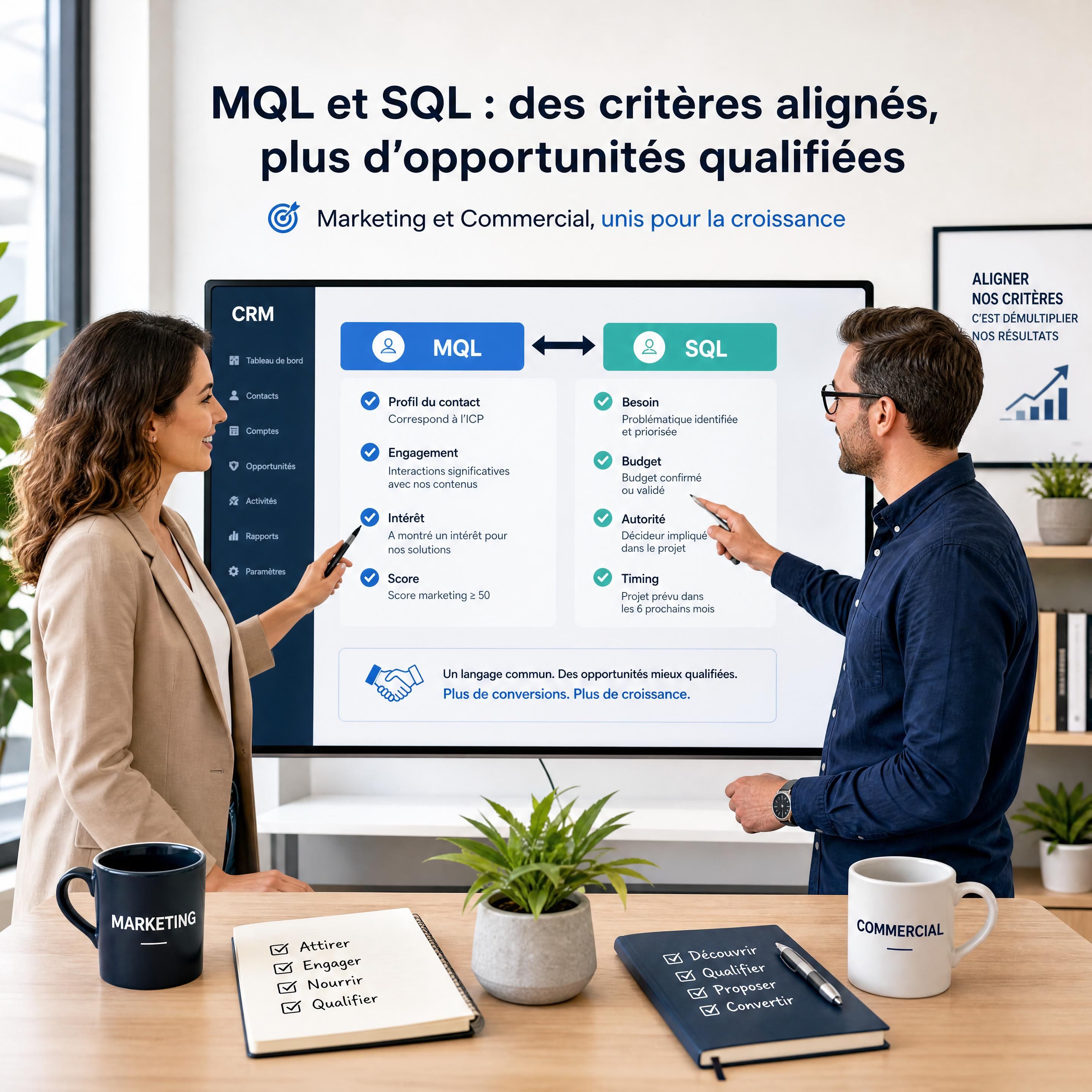 Responsable marketing et commercial alignant leurs critères de MQL et SQL devant un CRM