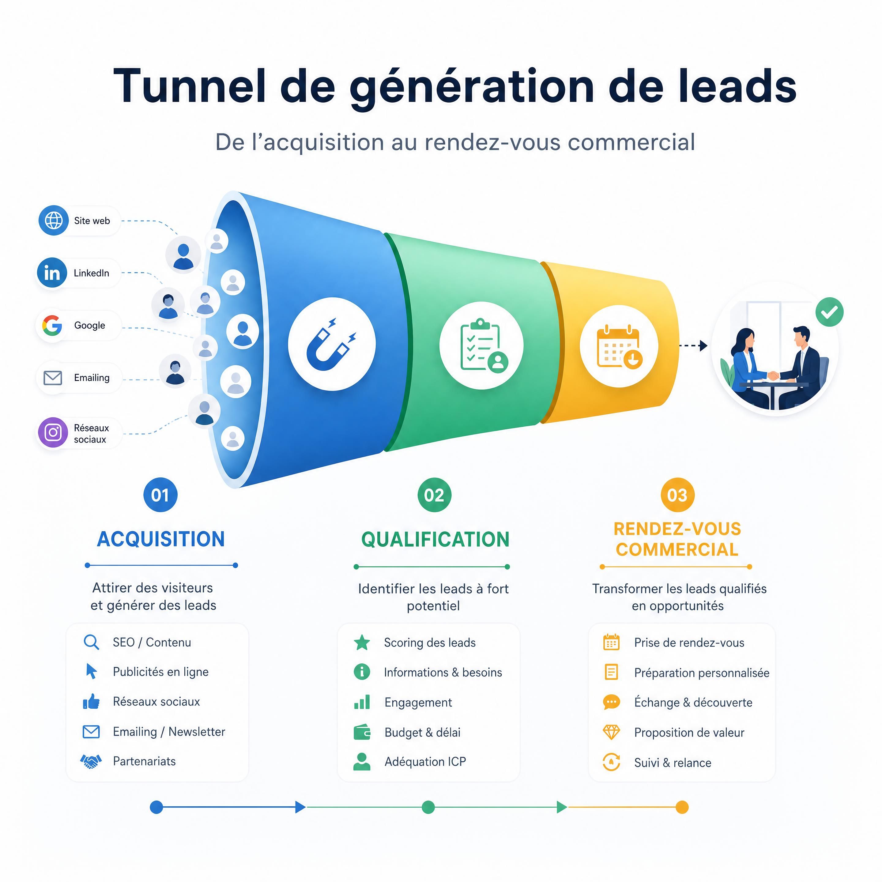 Schéma d’un tunnel de génération de leads allant de l’acquisition à la qualification puis au rendez-vous commercial