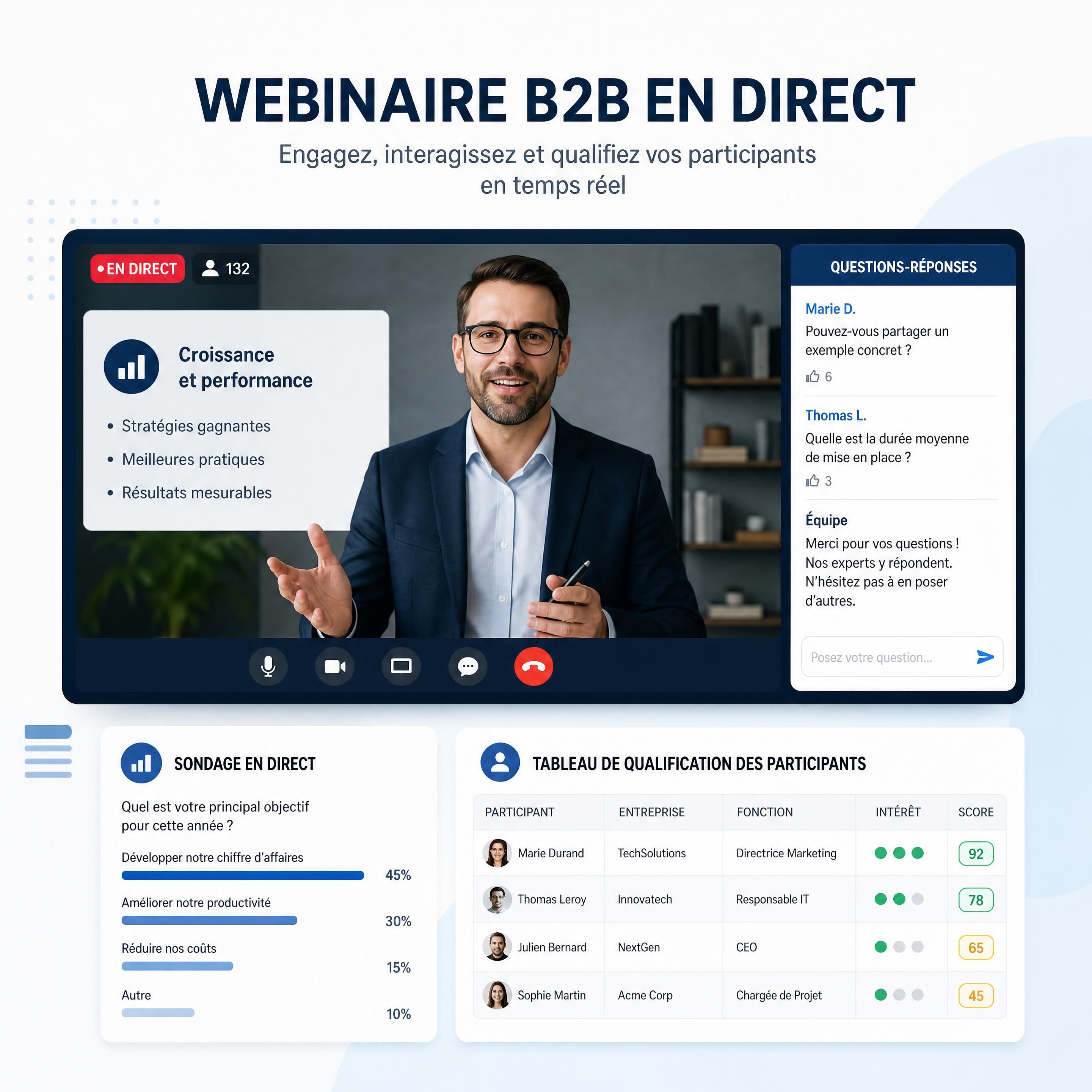 Webinaire B2B en direct avec sondage, questions-réponses et tableau de qualification des participants