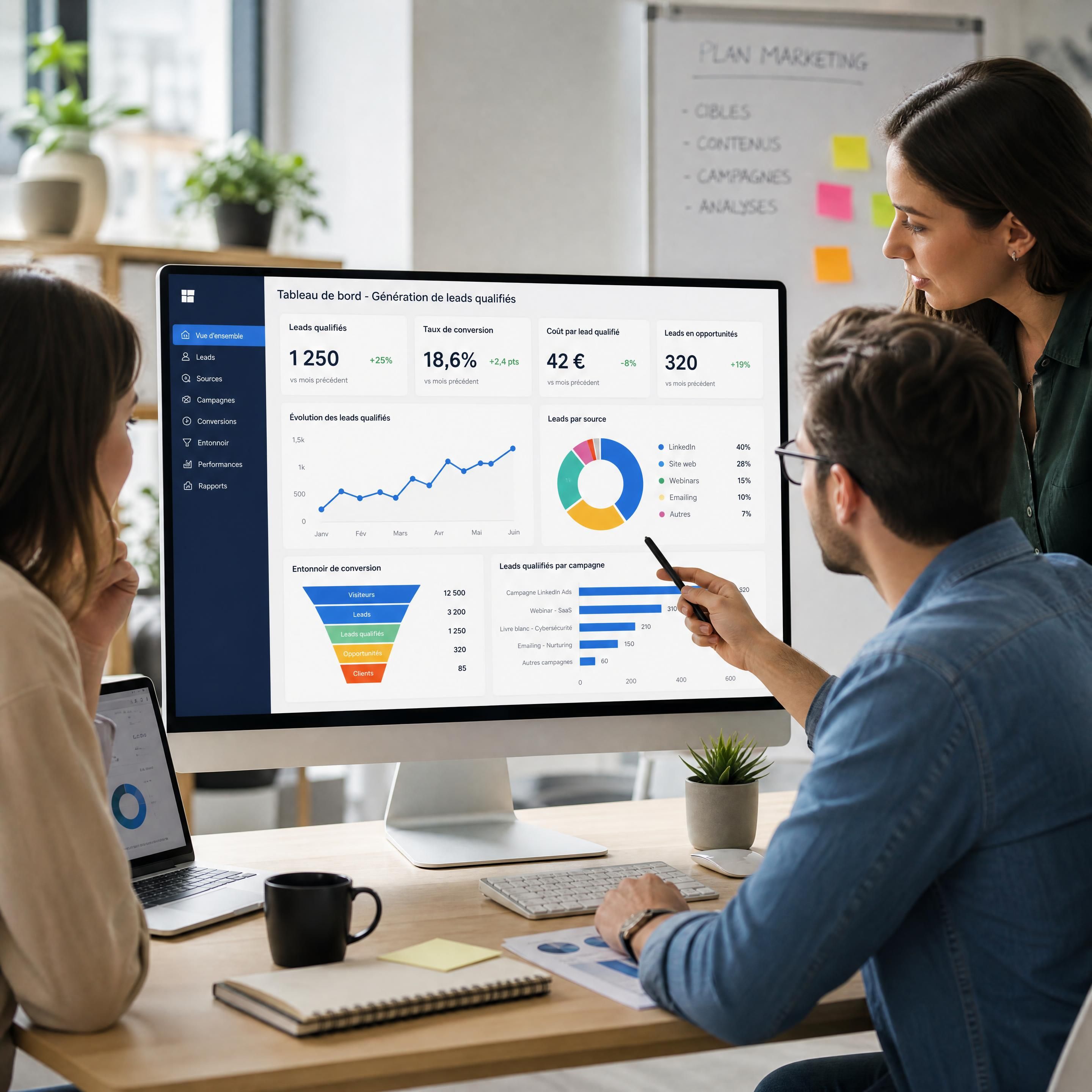 Équipe marketing B2B analysant un tableau de bord de génération de leads qualifiés sur ordinateur