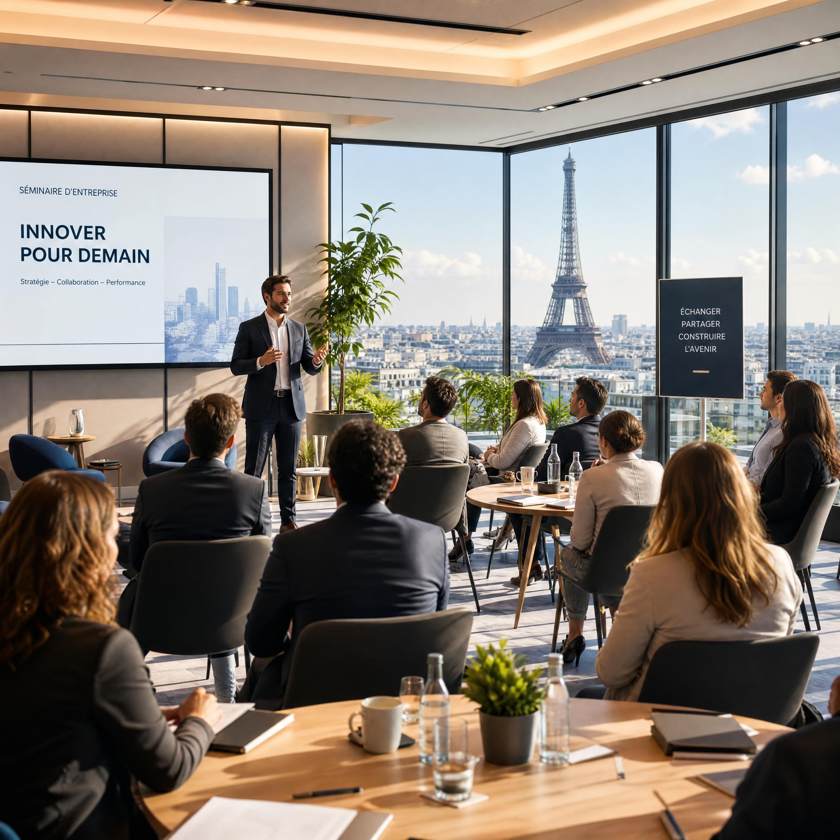 Vue moderne et élégante d'un séminaire d'entreprise haut de gamme dans une salle lumineuse à Paris avec vue panoramique