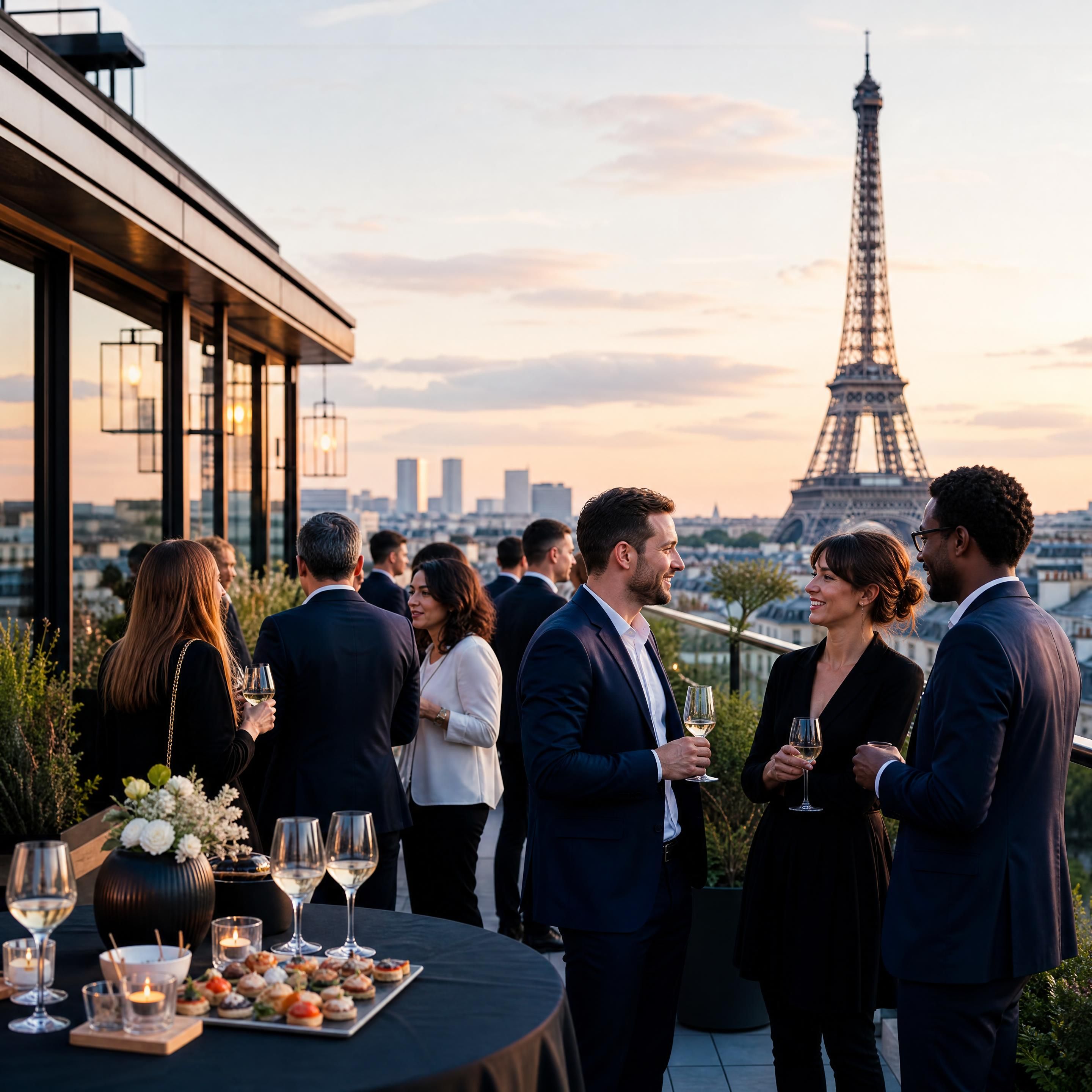 Ambiance d'un cocktail d'entreprise moderne dans un rooftop parisien avec vue sur la Tour Eiffel