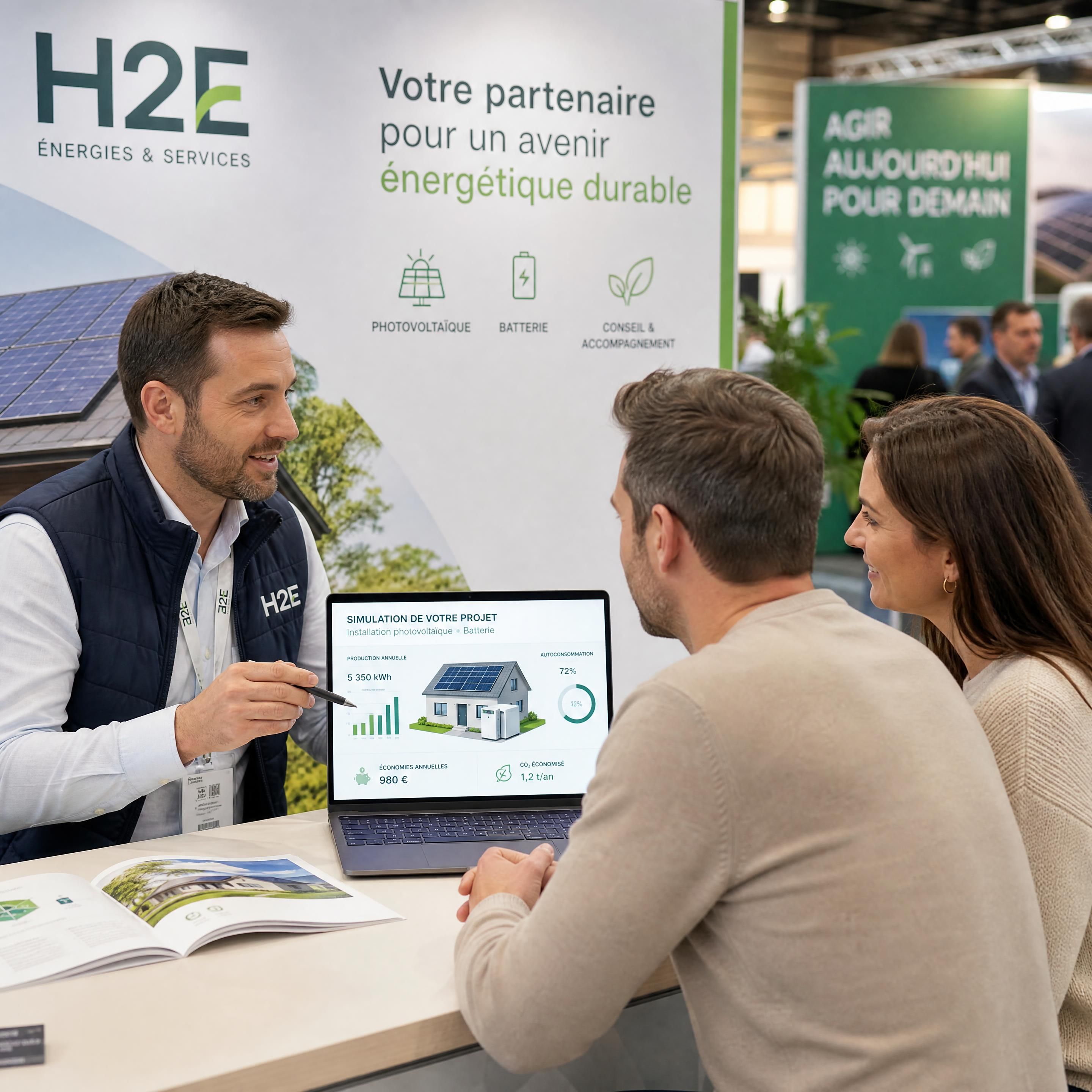Conseiller H2E présentant une simulation de projet photovoltaïque et batterie à un couple lors d’un salon énergie renouvelable