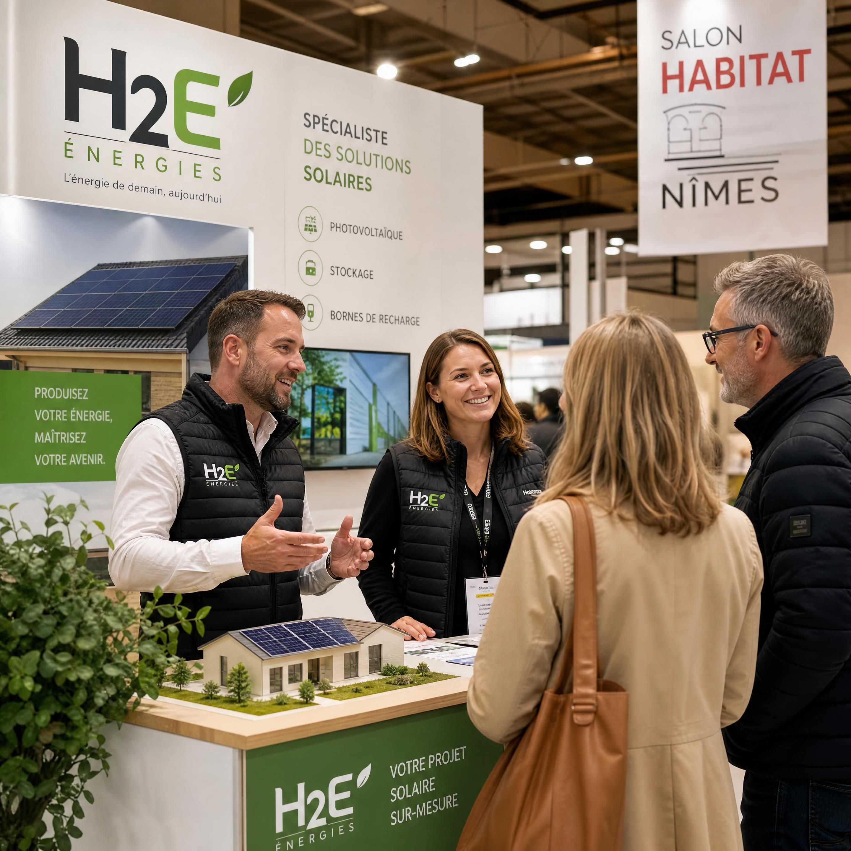 Équipe H2E échangeant avec des visiteurs sur un projet de panneaux solaires au salon habitat de Nîmes