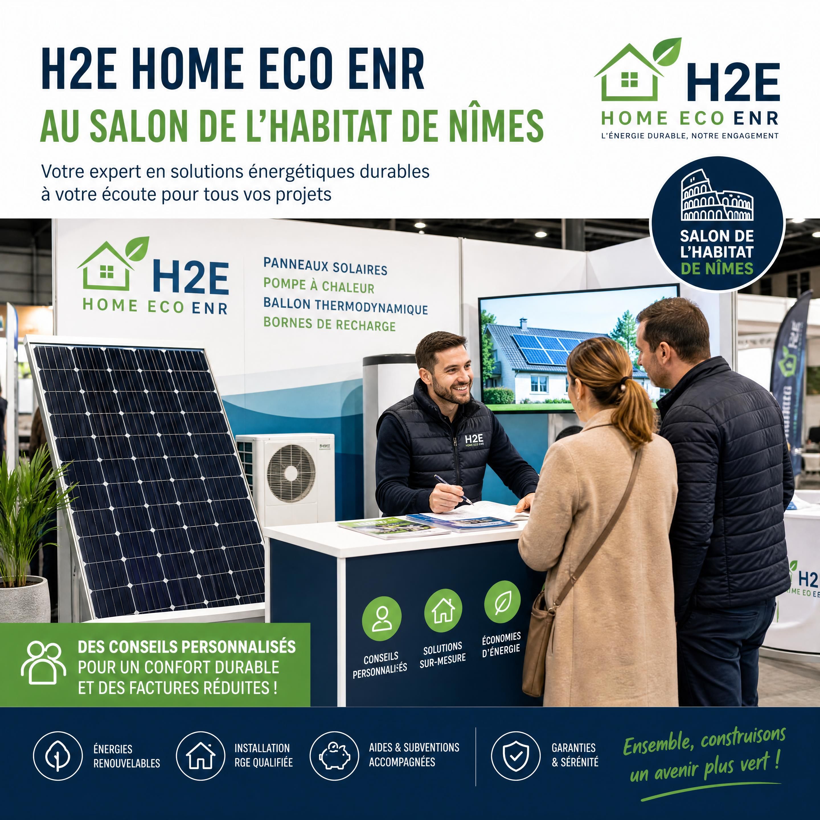 Stand H2E Home Eco ENR au Salon de l’Habitat de Nîmes avec panneaux solaires et conseils personnalisés