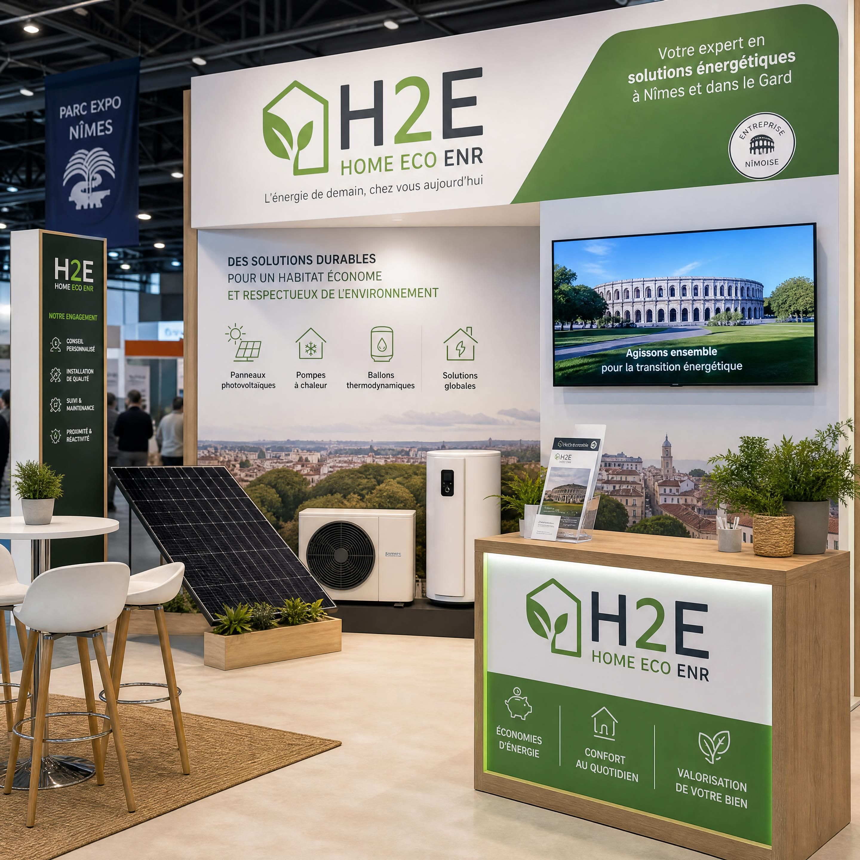 Stand d'exposition de l'entreprise nîmoise H2E Home Eco ENR présentant des solutions de transition énergétique au Parc Expo de Nîmes