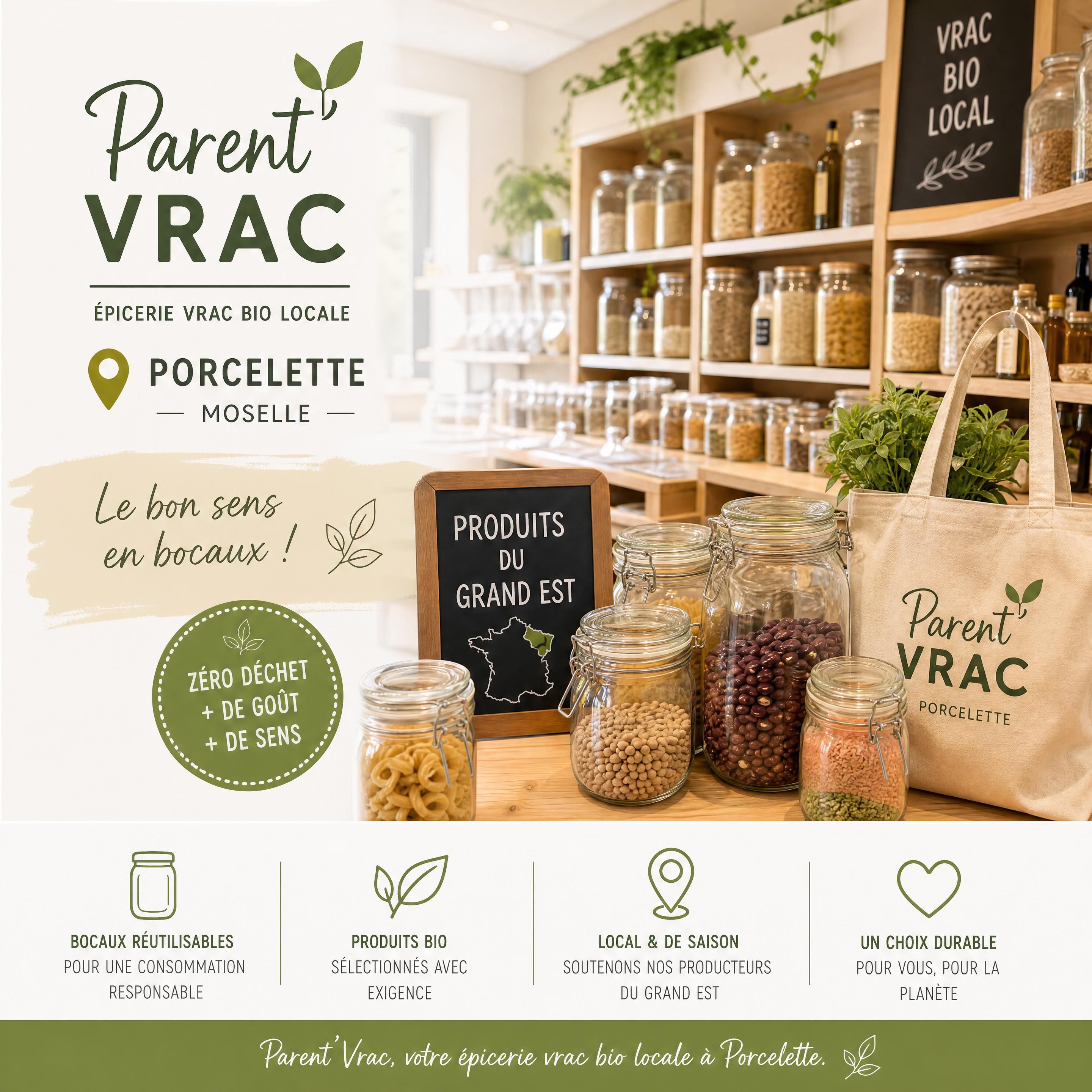 Épicerie vrac bio locale Parent'Vrac à Porcelette en Moselle avec bocaux réutilisables et produits du Grand Est