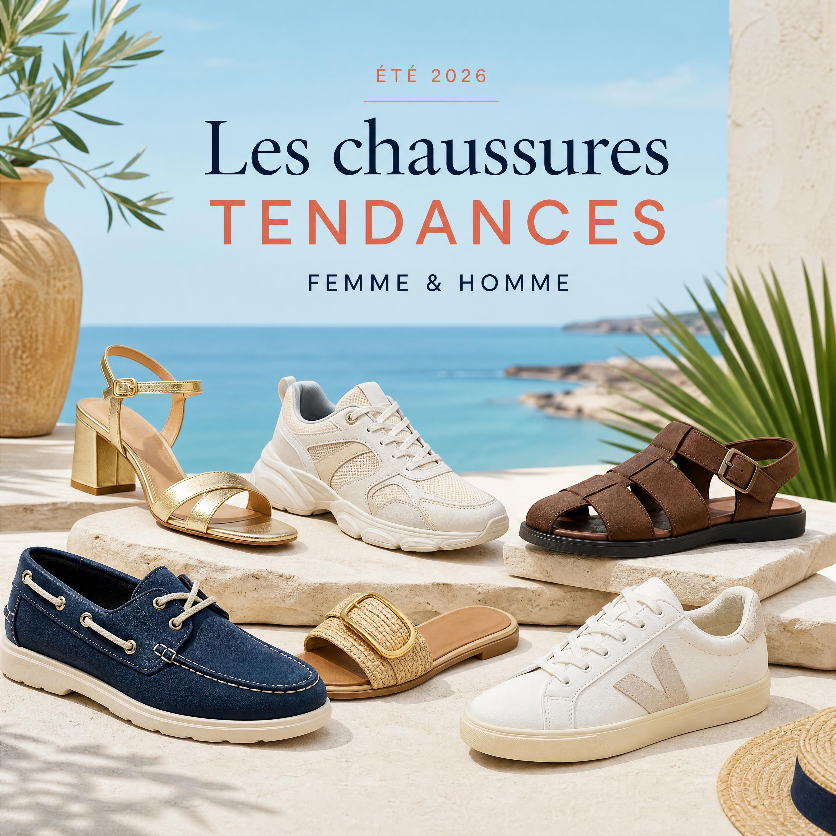Sélection de chaussures tendances été 2026 pour femme et homme posées sur un fond estival