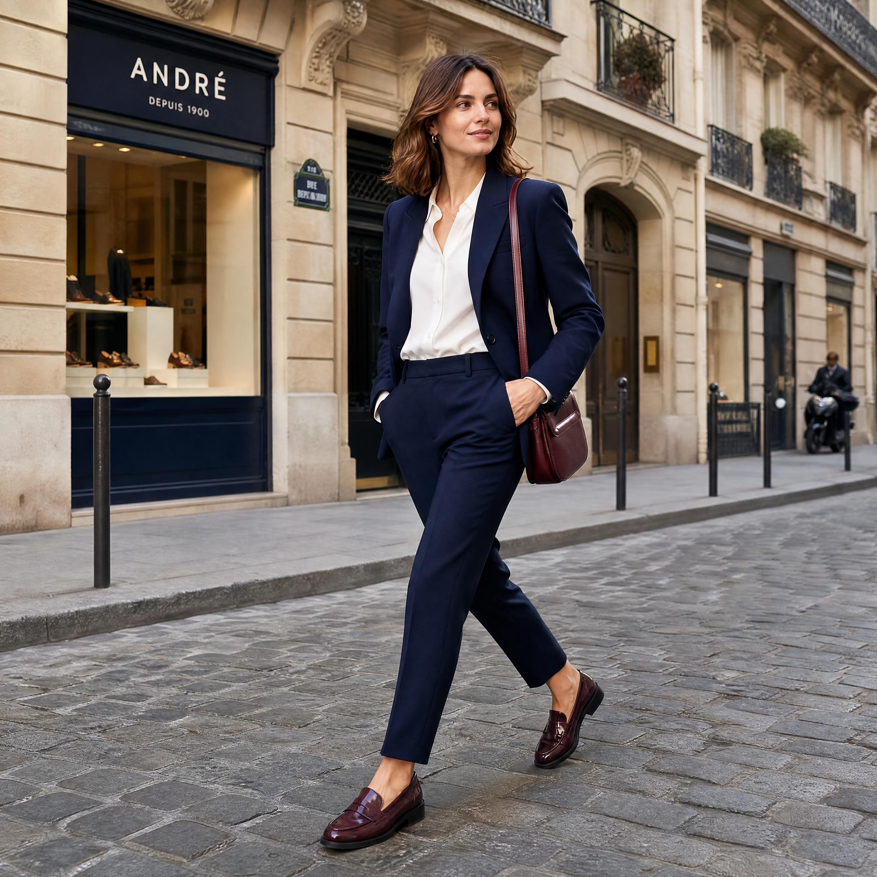 Une femme active en costume de tailleur bleu marine portant des mocassins en cuir bordeaux verni de qualité André marchant dans une rue pavée parisienne