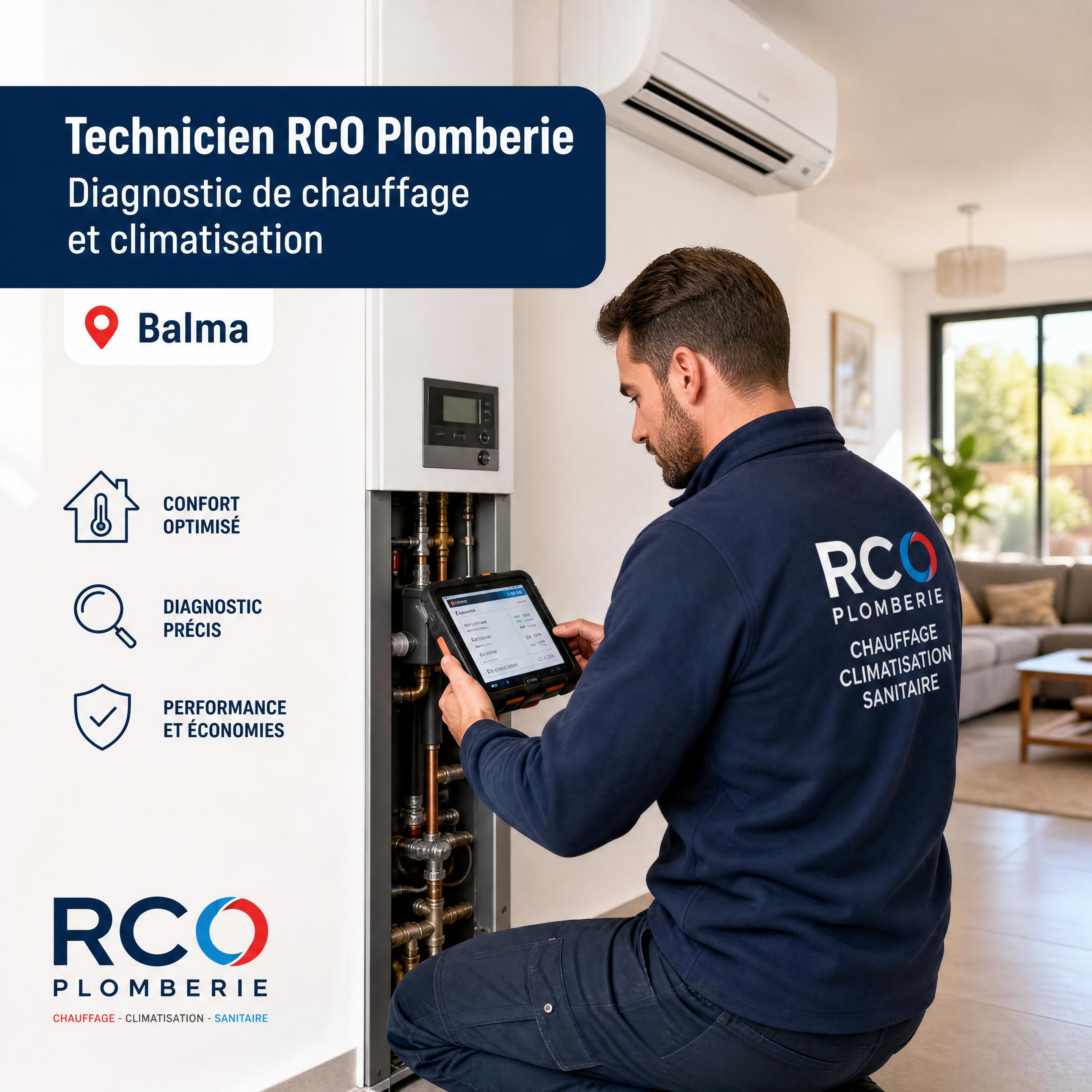 Technicien RCO Plomberie réalisant un diagnostic de chauffage et climatisation dans une maison à Balma