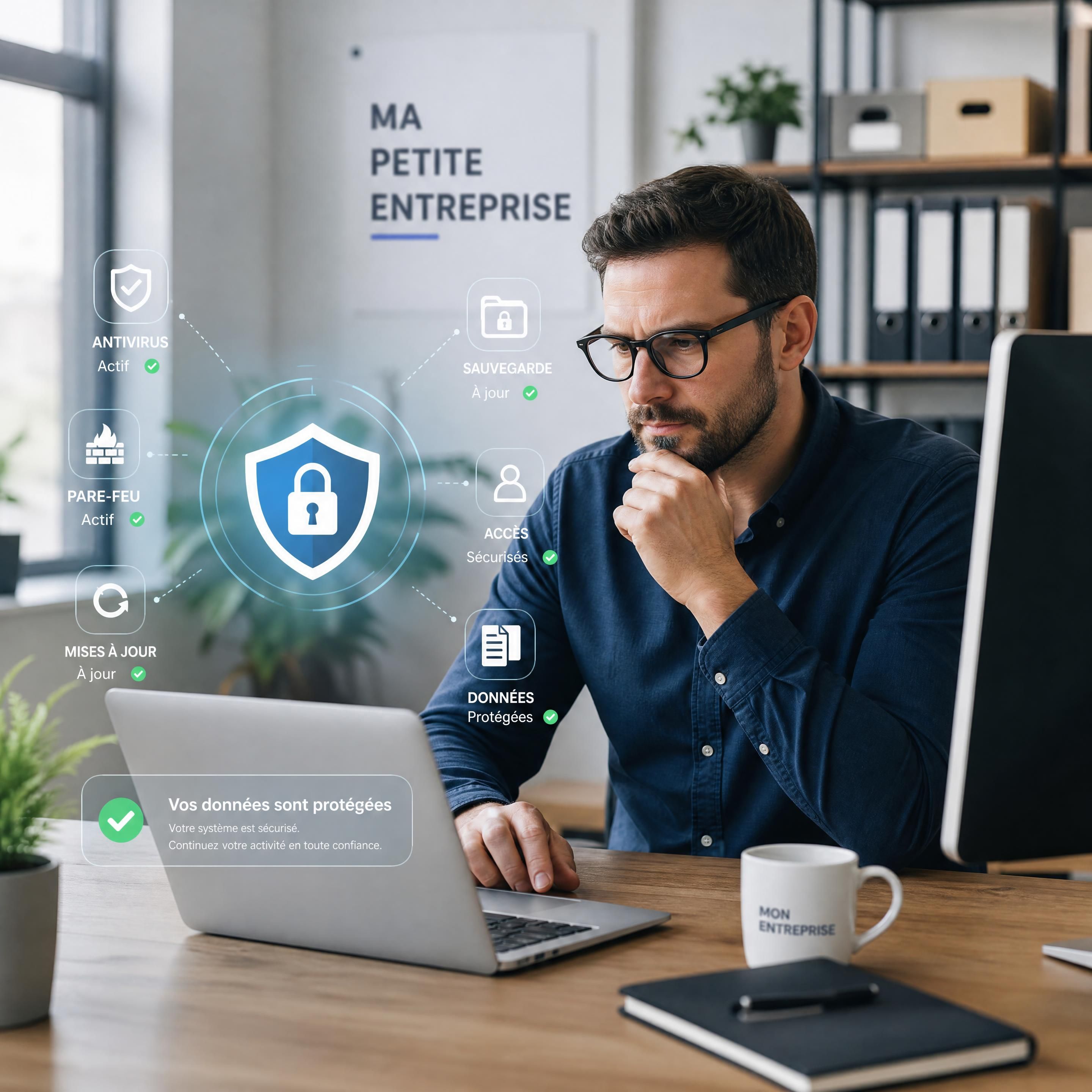 Dirigeant de petite entreprise vérifiant la sécurité de ses ordinateurs et de ses données professionnelles